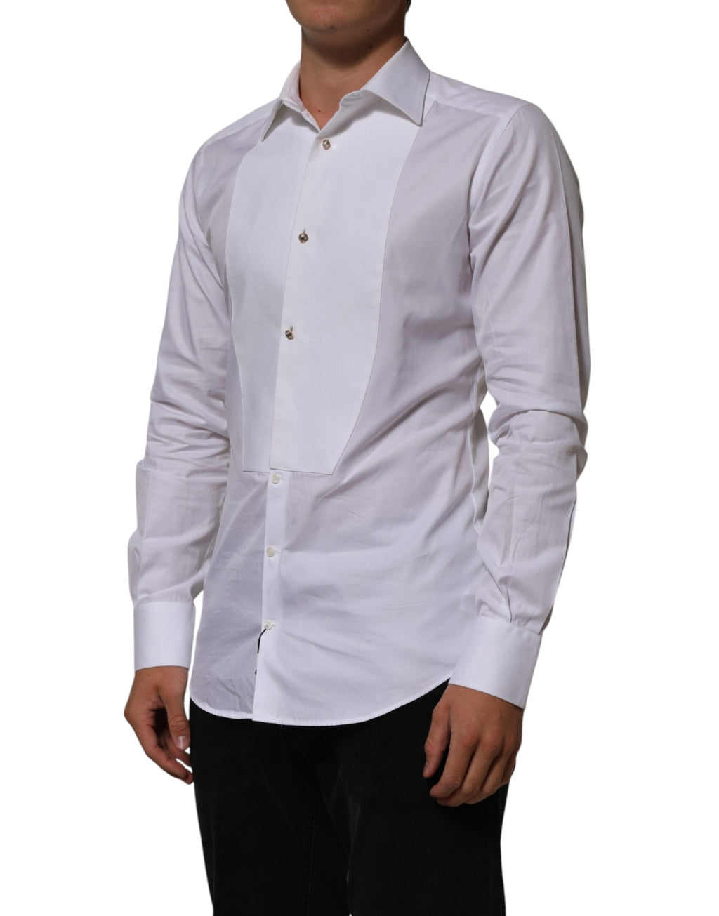 Dolce & Gabbana White Cotton Collared Bib GOLD Dress Shirt