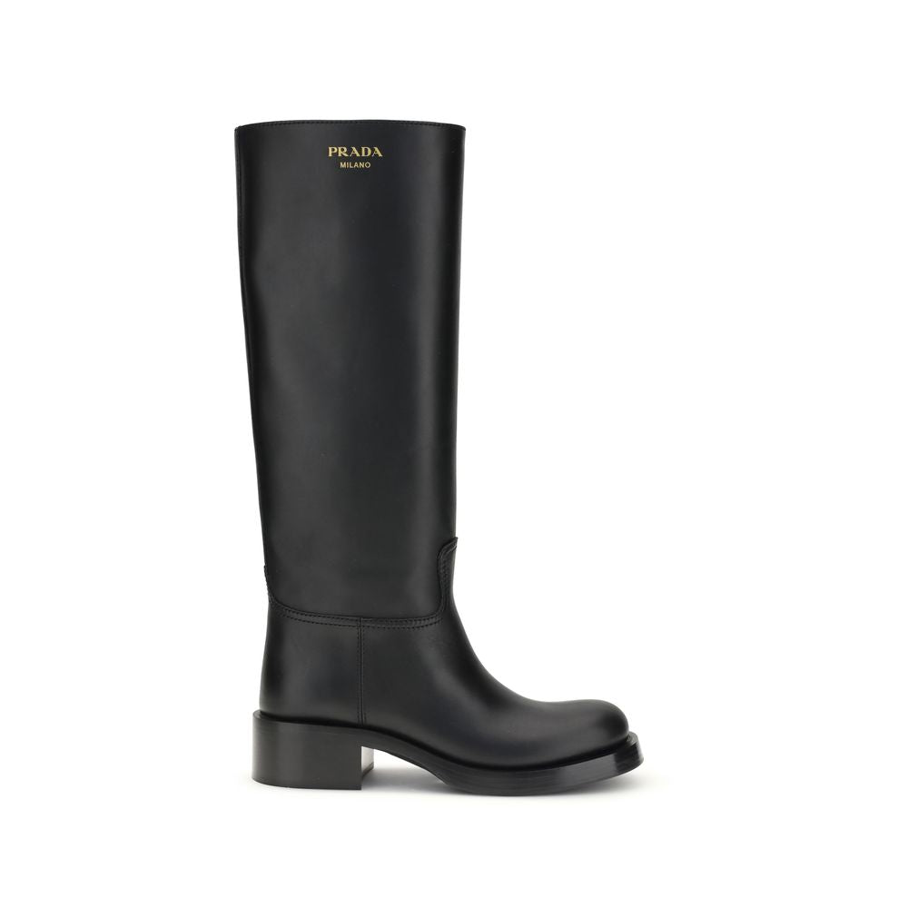 Prada Black Calf Leather Bos Taurus High Heel Boots | Regal Royce