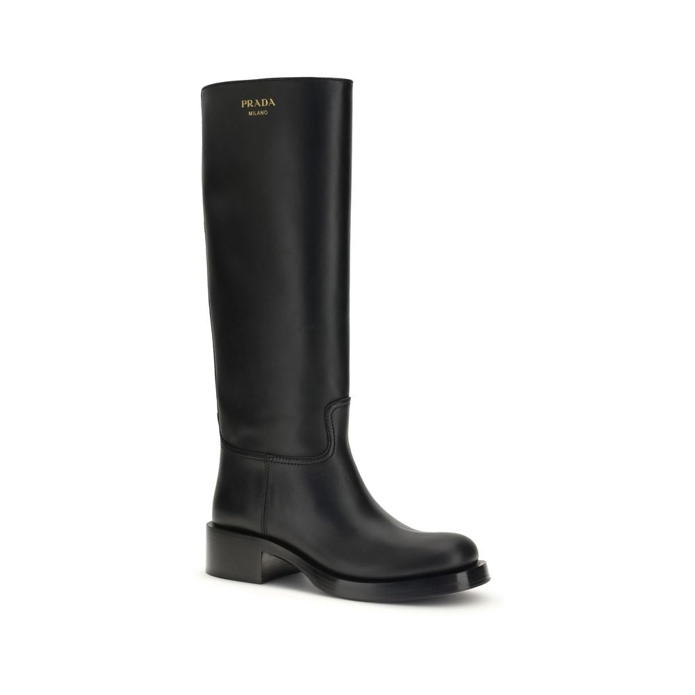Prada Black Calf Leather Bos Taurus High Heel Boots | Regal Royce