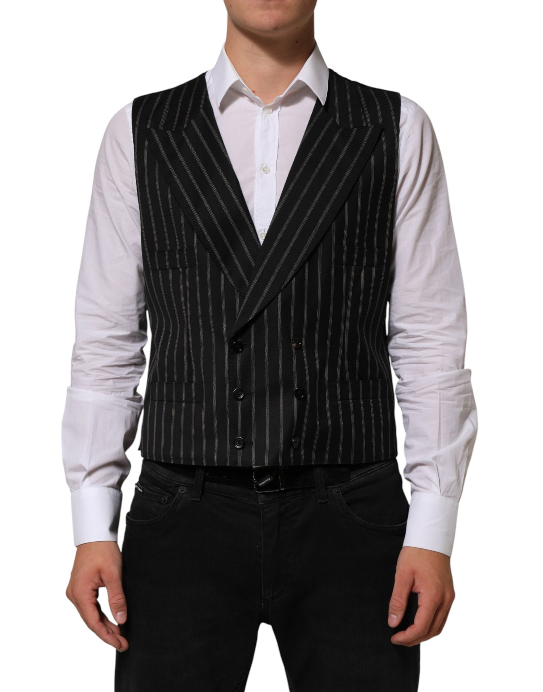 Dolce & Gabbana Black Stripes Wool Dress Men Waistcoat Vest | Regal Royce