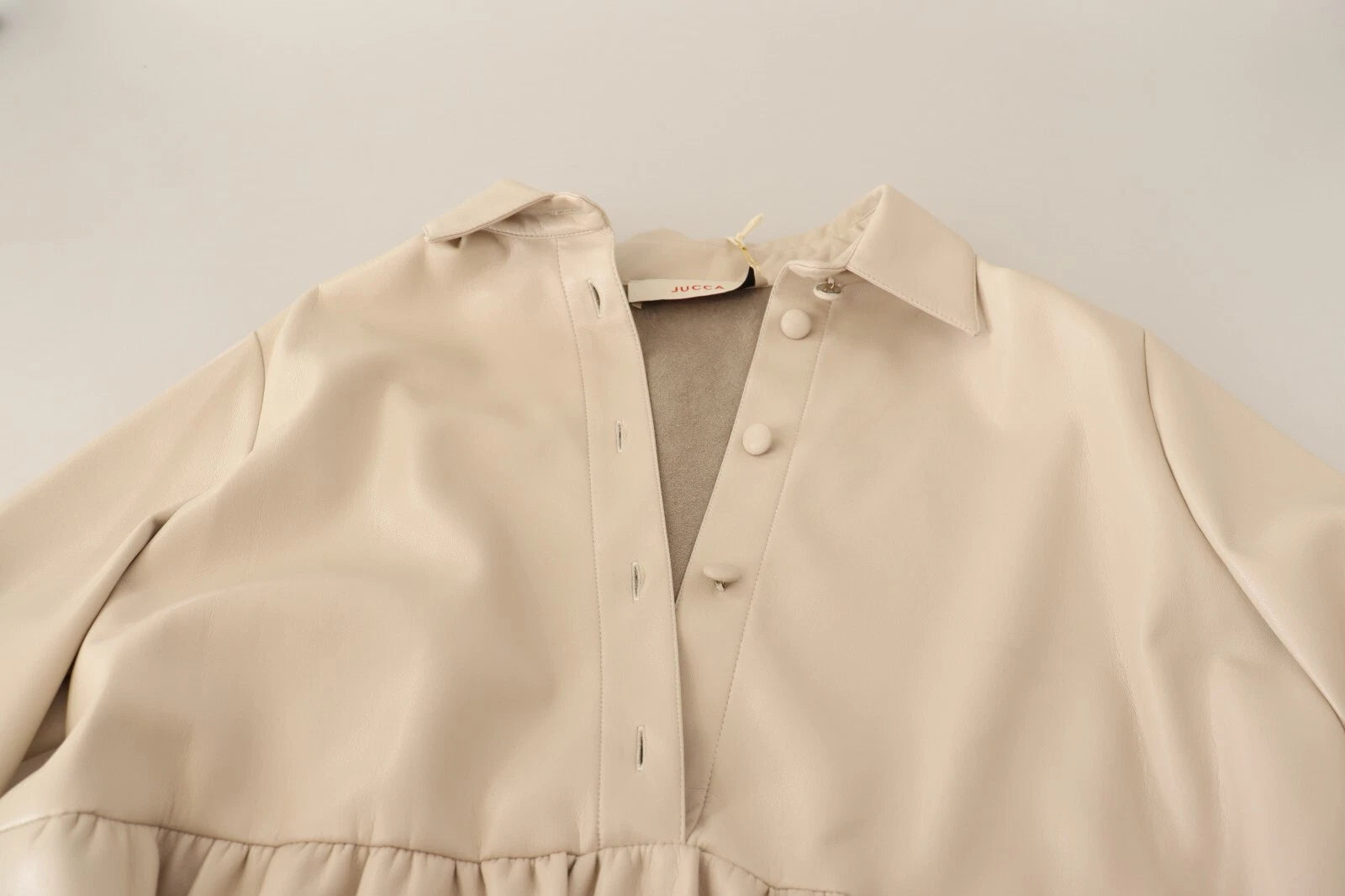 Jucca Leather Beige Long Sleeves Collared A-line Mini  Dress | Regal Royce
