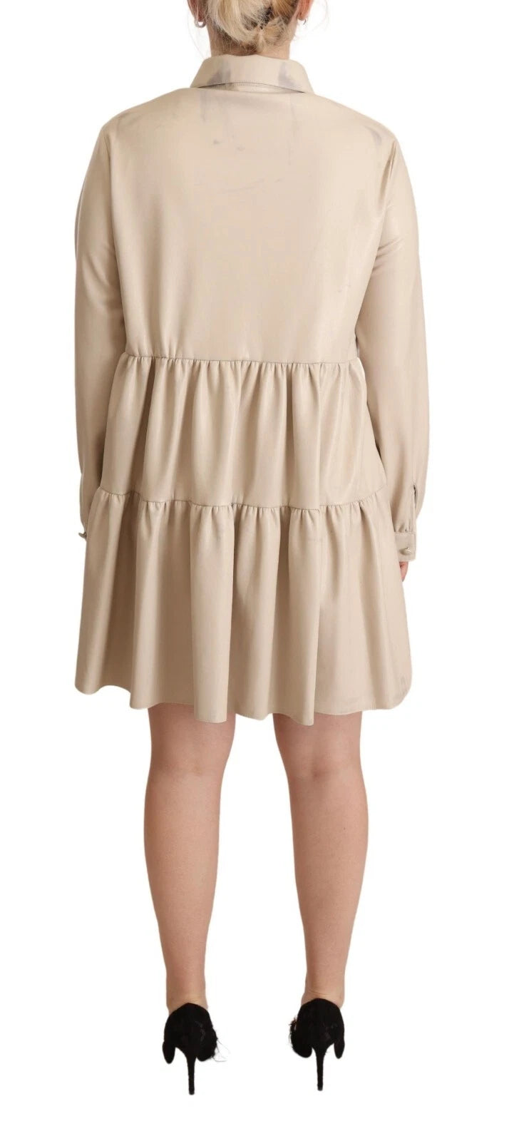 Jucca Leather Beige Long Sleeves Collared A-line Mini  Dress | Regal Royce
