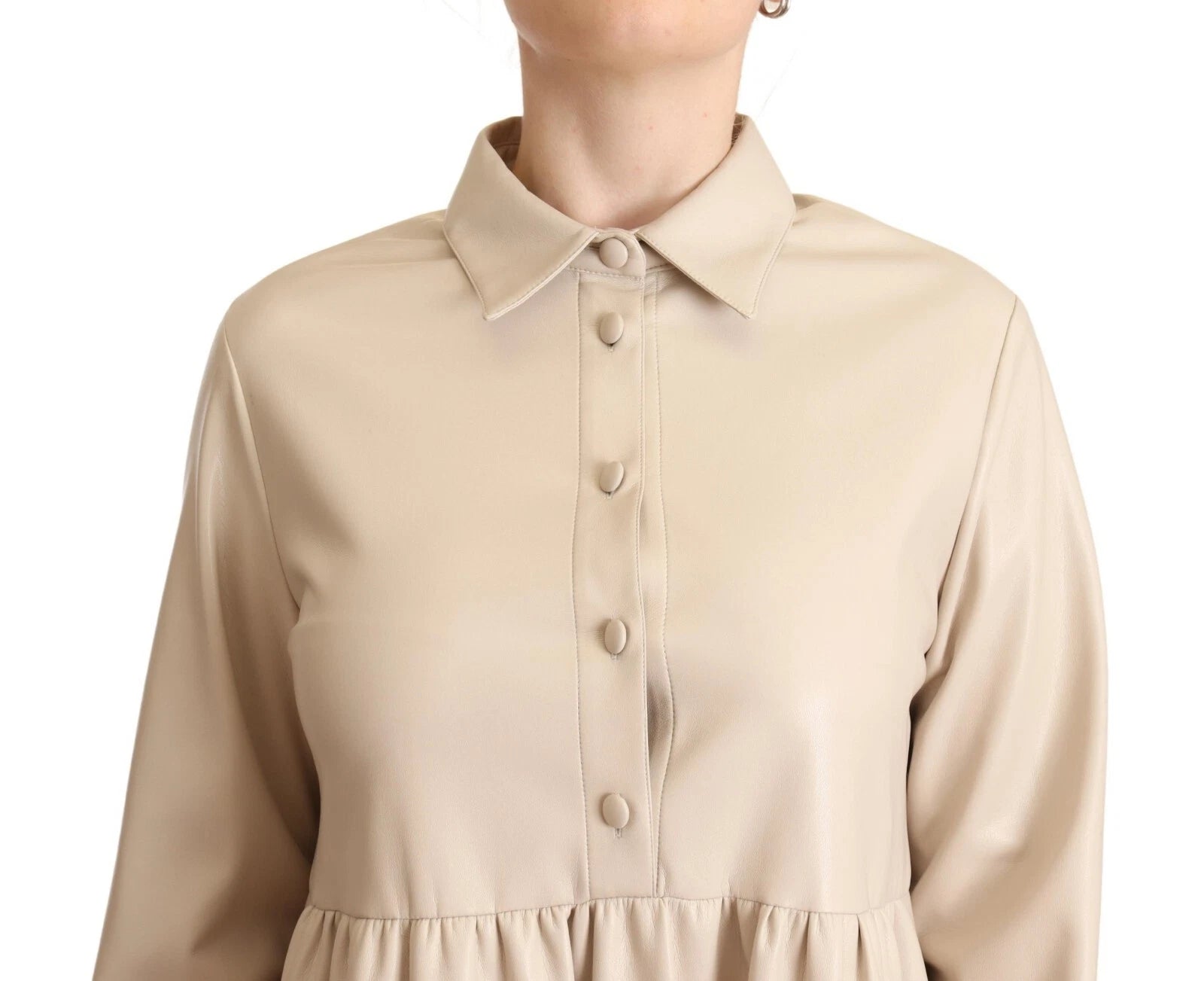 Jucca Leather Beige Long Sleeves Collared A-line Mini  Dress | Regal Royce