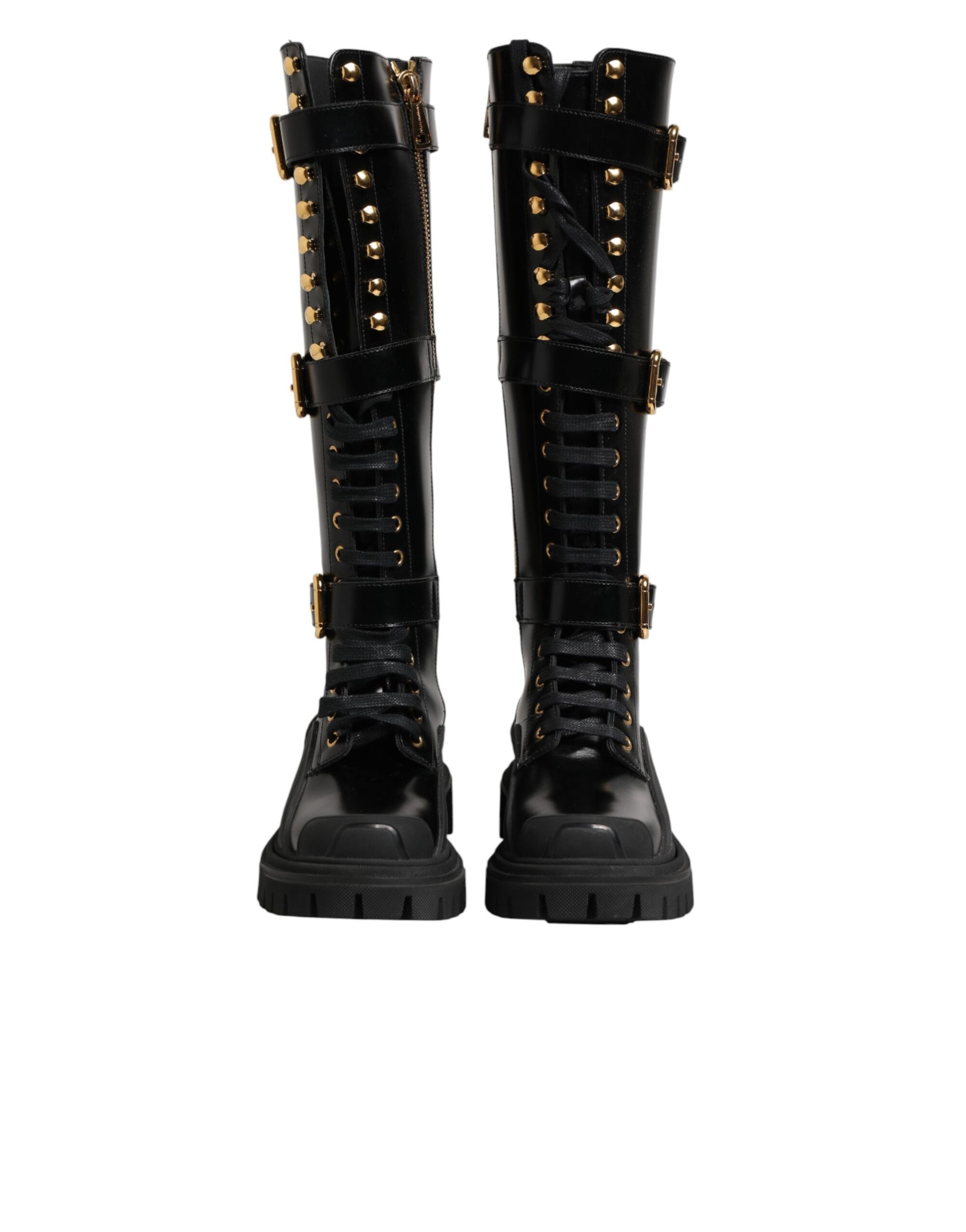 Dolce & Gabbana Black Buckle Embellished Knee High Boots Shoes