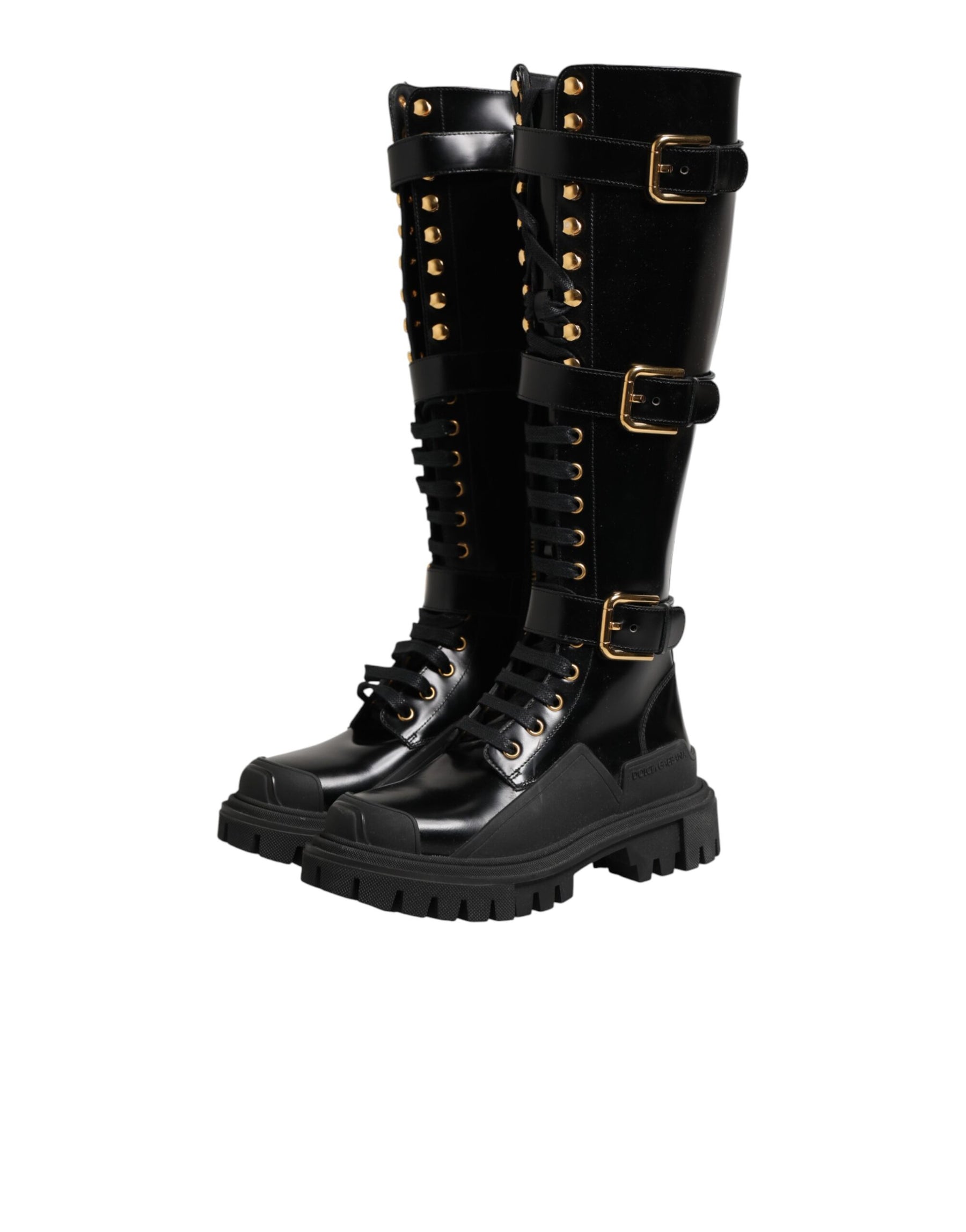 Dolce & Gabbana Black Buckle Embellished Knee High Boots Shoes | Regal Royce