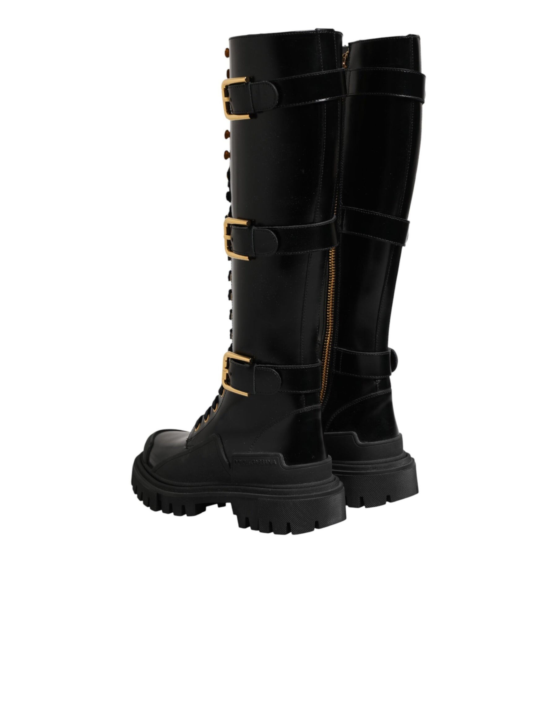 Dolce & Gabbana Black Buckle Embellished Knee High Boots Shoes | Regal Royce