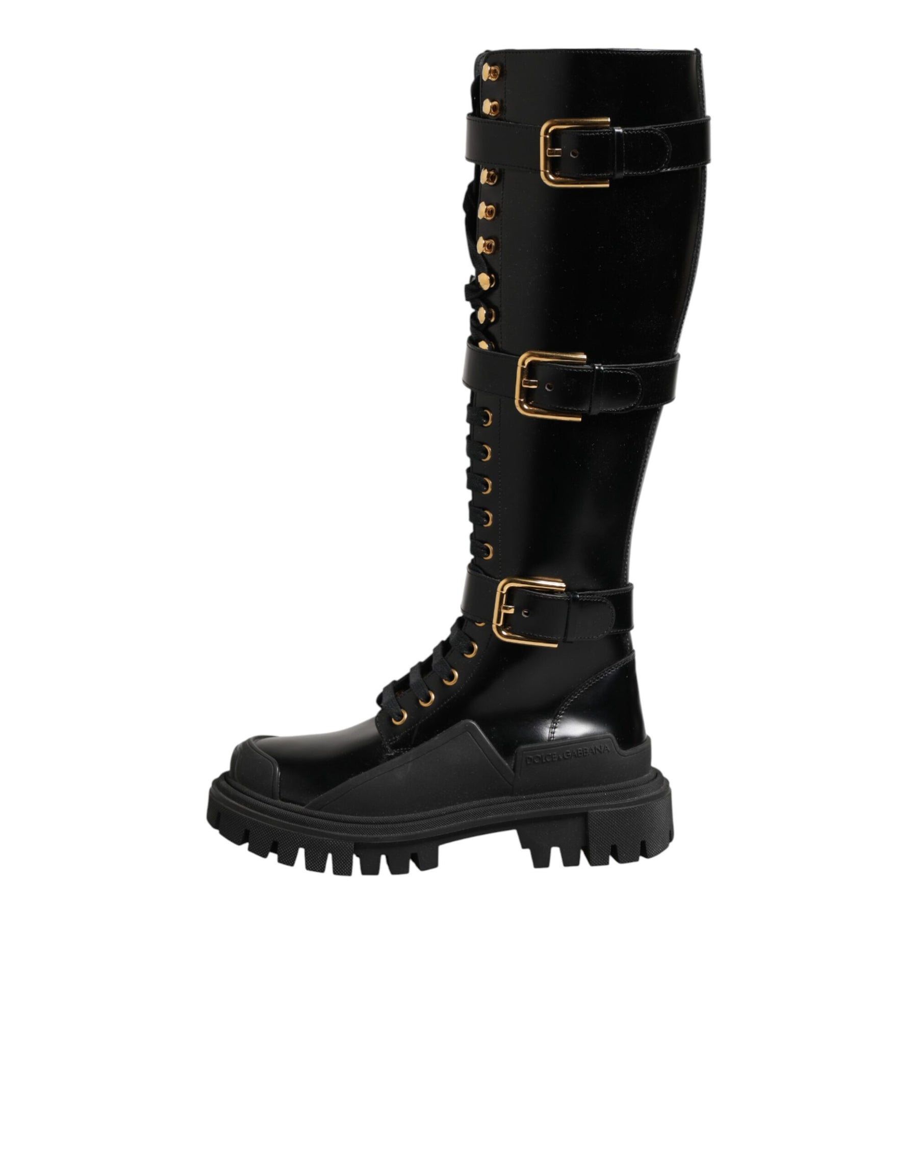 Dolce & Gabbana Black Buckle Embellished Knee High Boots Shoes | Regal Royce