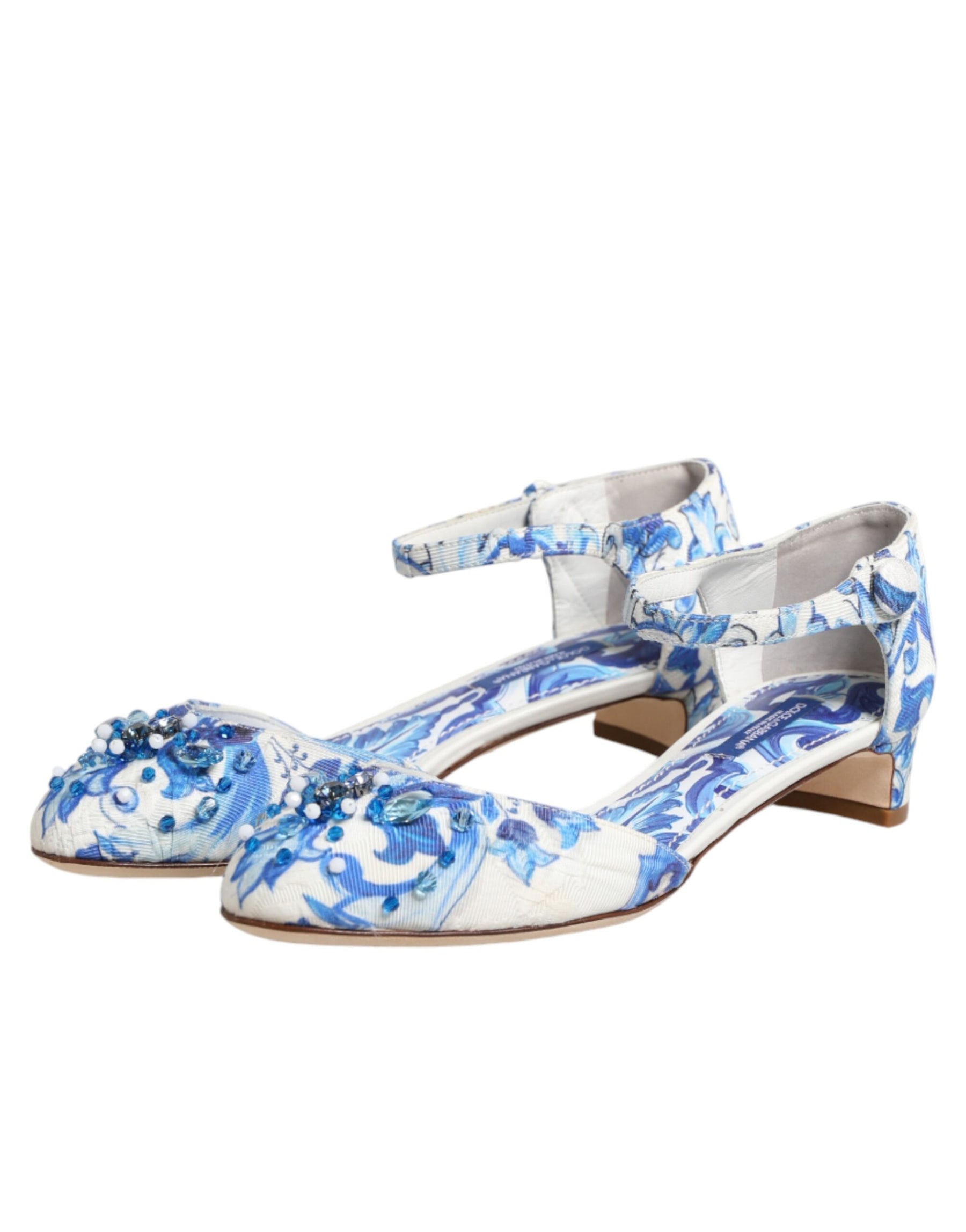 Dolce & Gabbana White Blue Floral Crystal Ankle Straps Shoes | Regal Royce