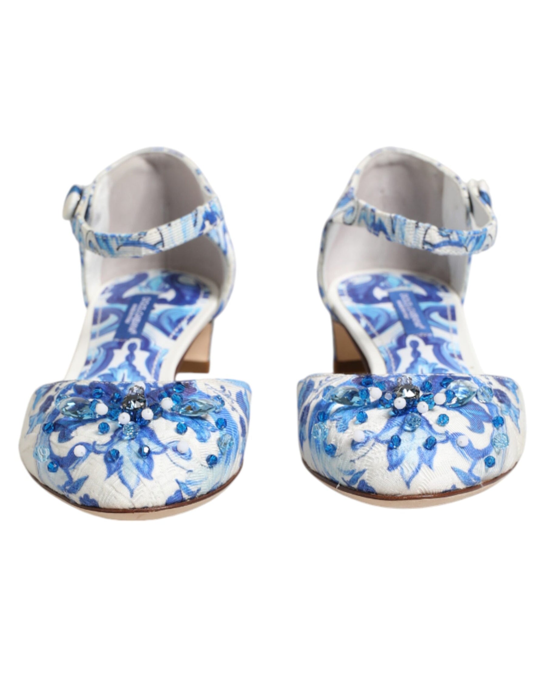 Dolce & Gabbana White Blue Floral Crystal Ankle Straps Shoes | Regal Royce