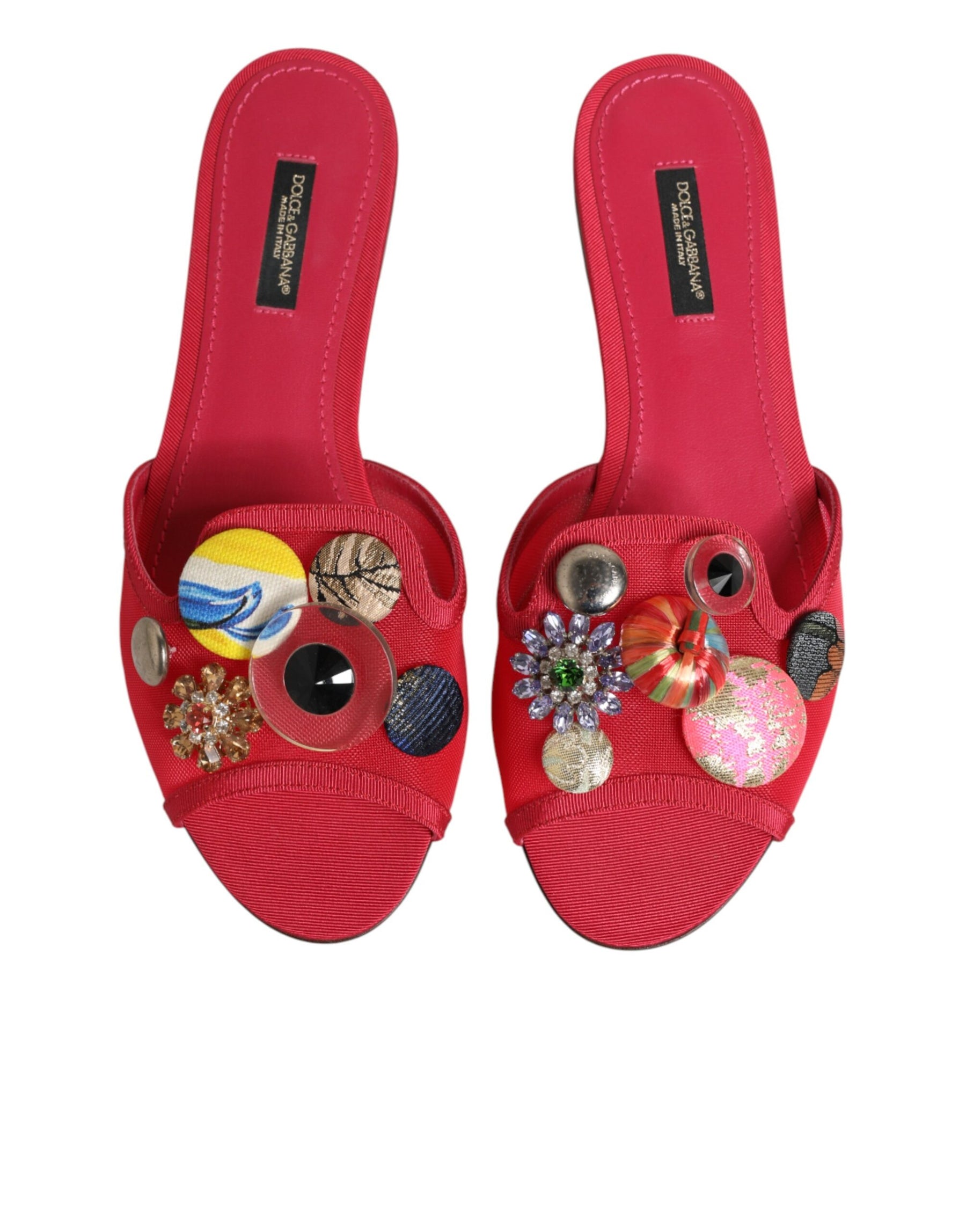 Dolce & Gabbana Red Embellished Flats Slip On Sandals Shoes | Regal Royce