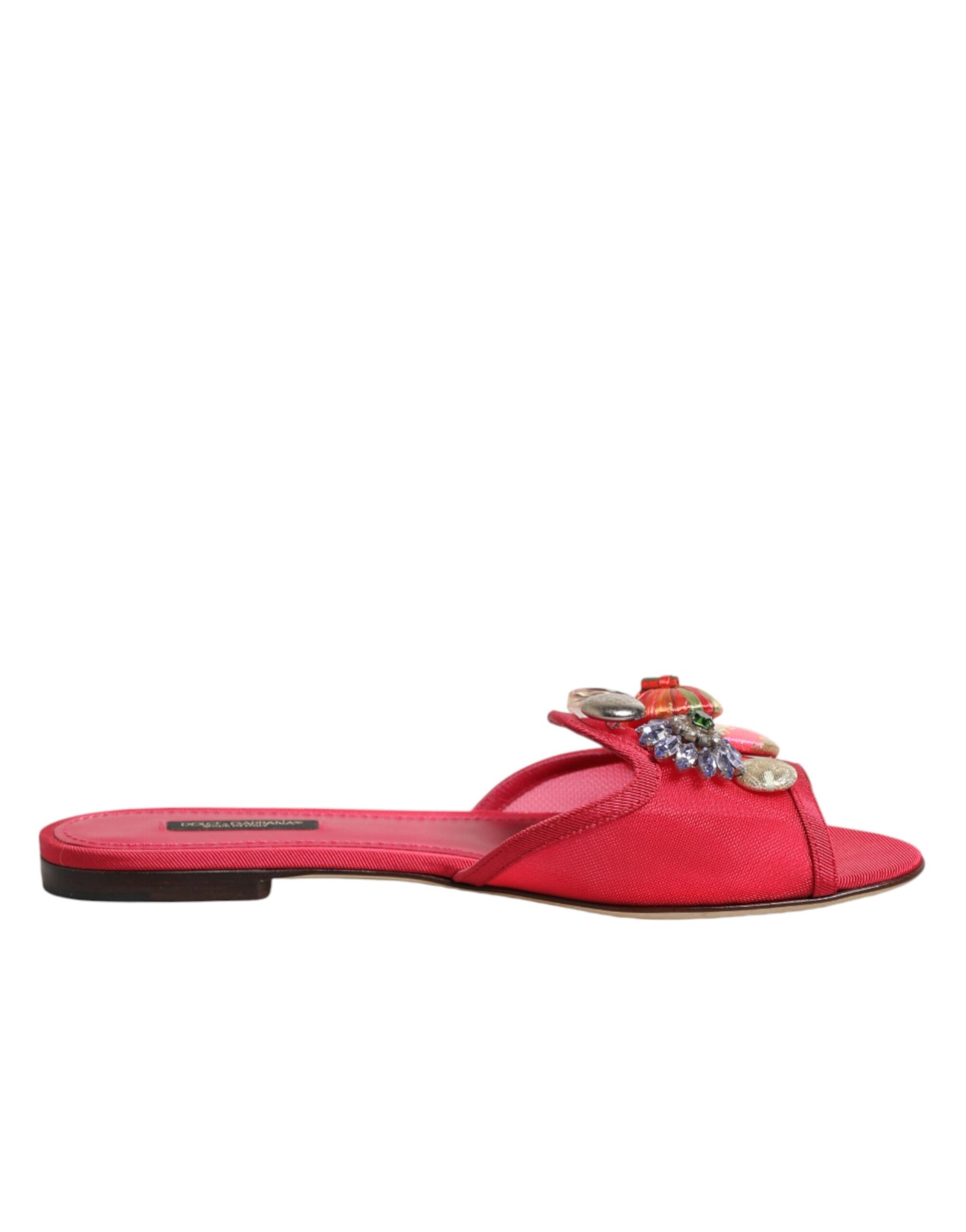Dolce & Gabbana Red Embellished Flats Slip On Sandals Shoes | Regal Royce
