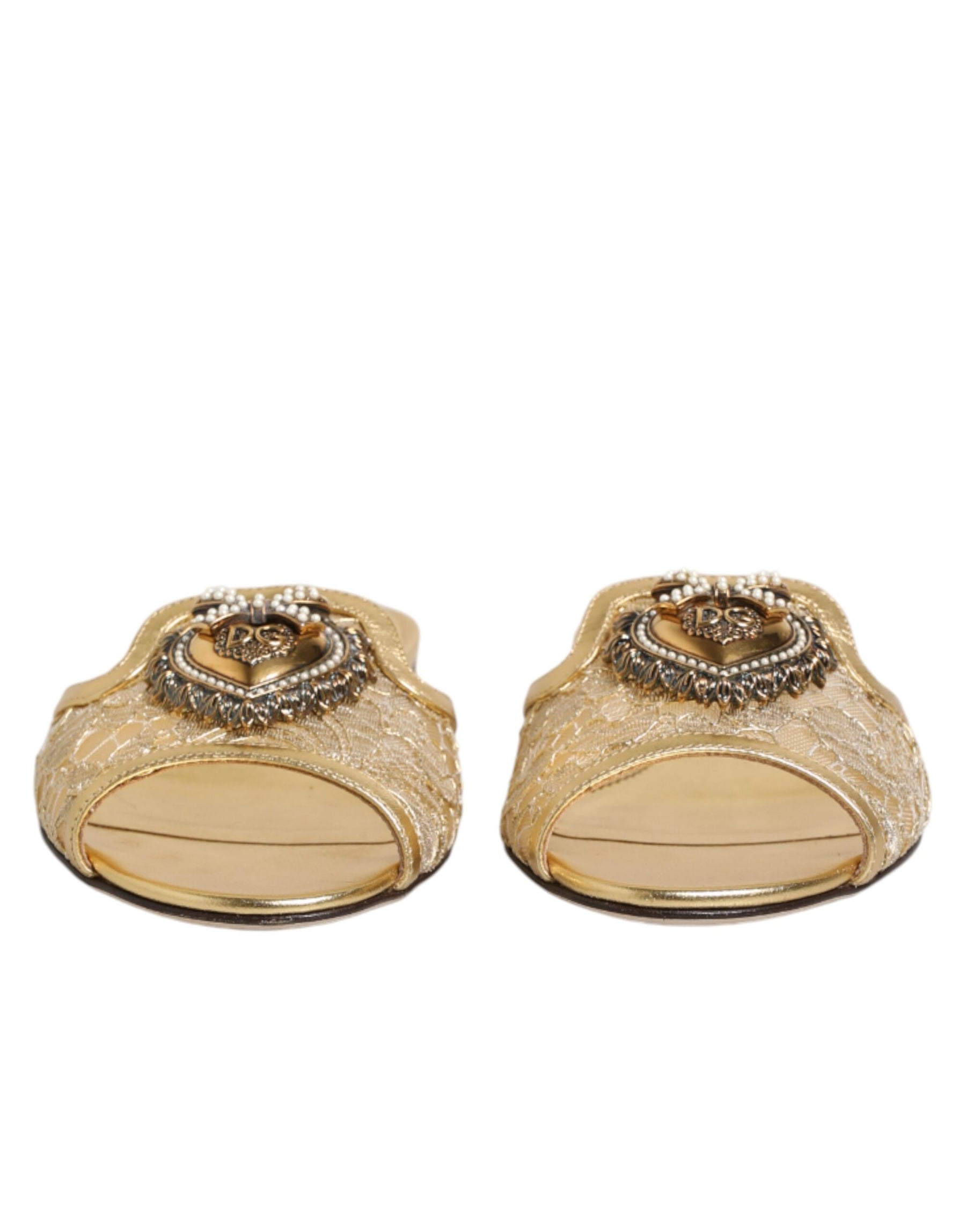 Dolce & Gabbana Gold Devotion Lace Flats Slip On Sandals Shoes | Regal Royce