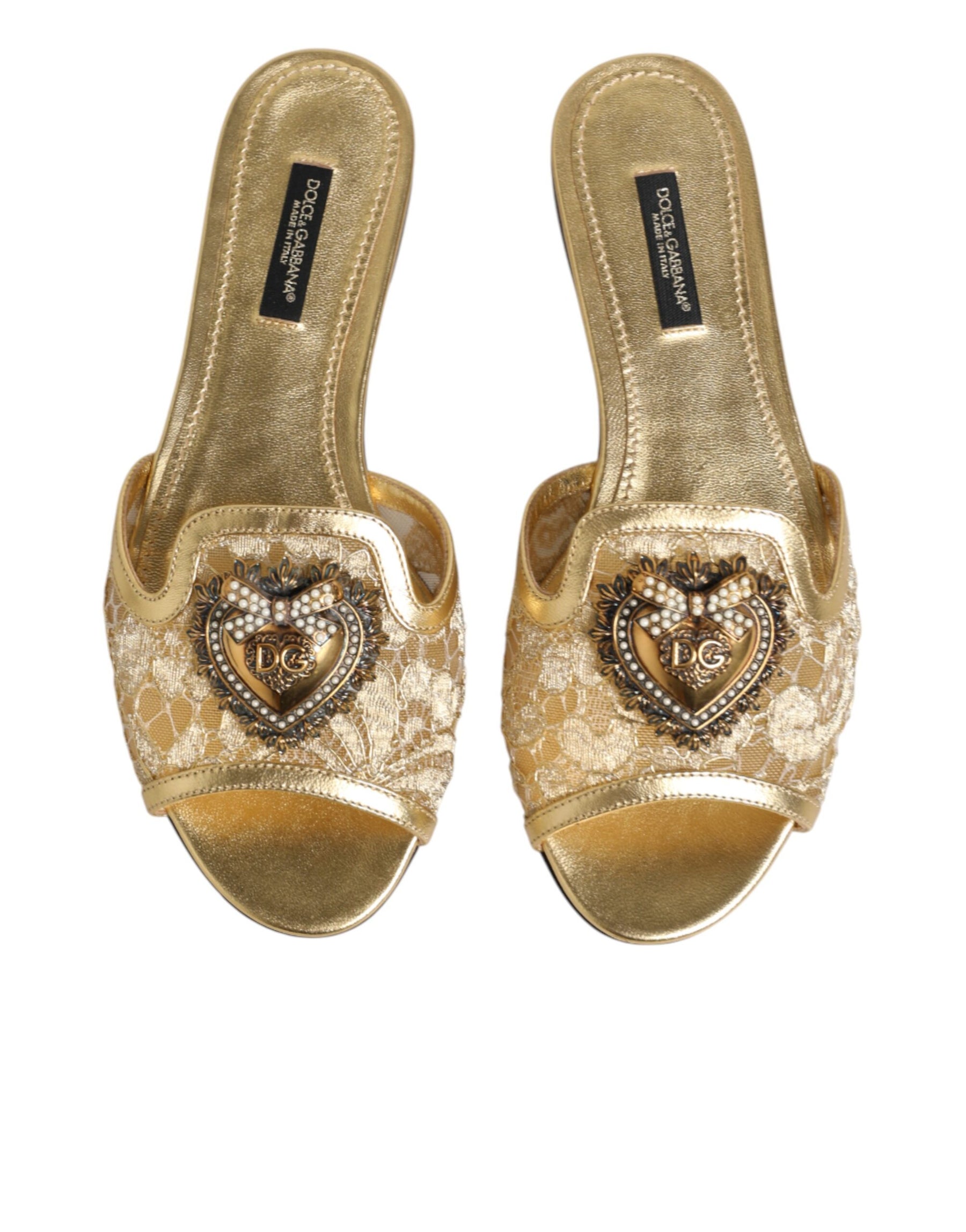 Dolce & Gabbana Gold Devotion Lace Flats Slip On Sandals Shoes | Regal Royce