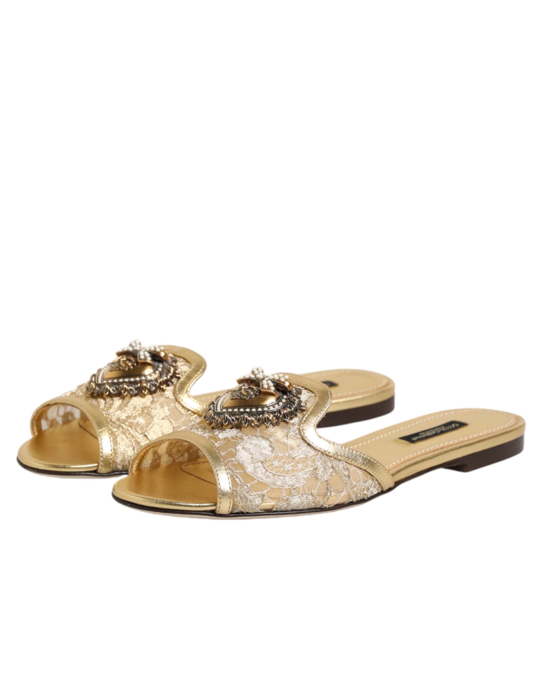 Dolce & Gabbana Gold Devotion Lace Flats Slip On Sandals Shoes | Regal Royce