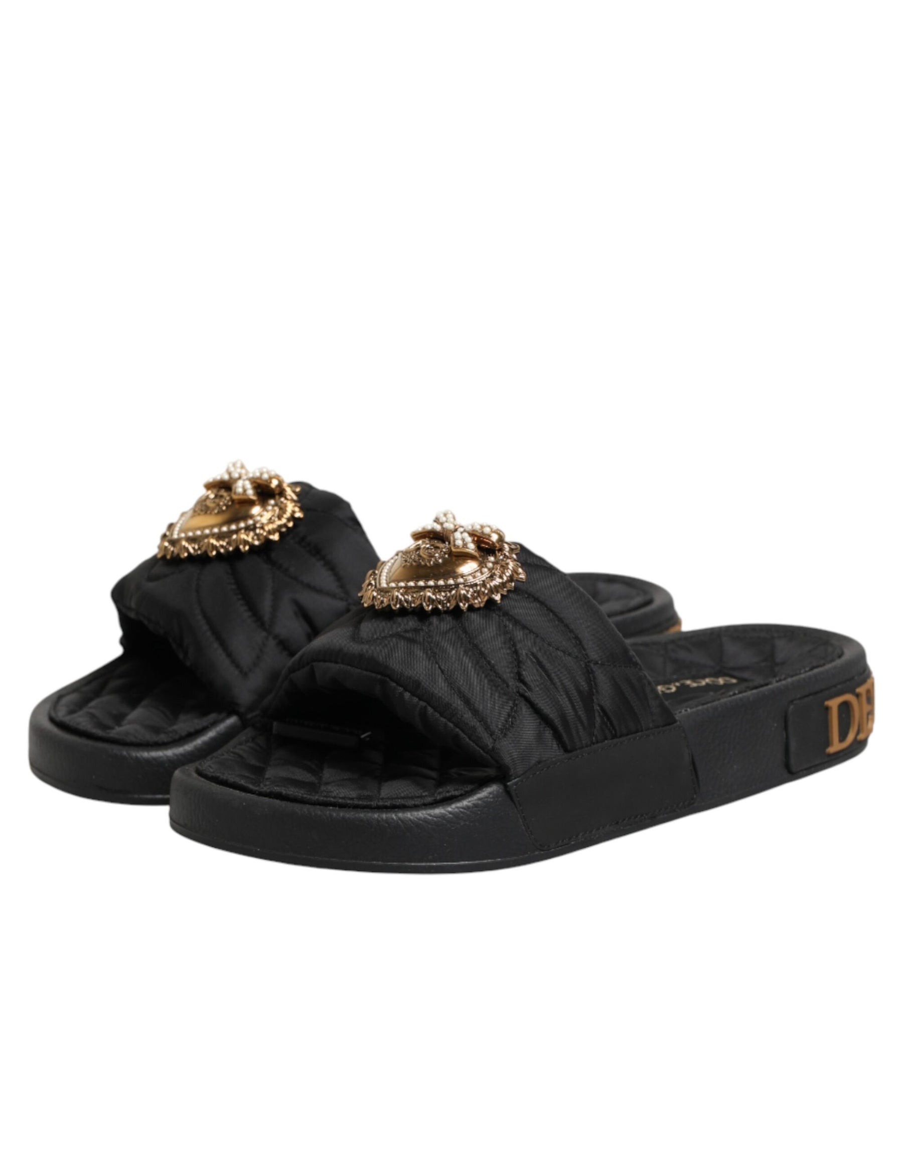 Dolce & Gabbana Black Devotion Matelassé Leather Slides Shoes | Regal Royce