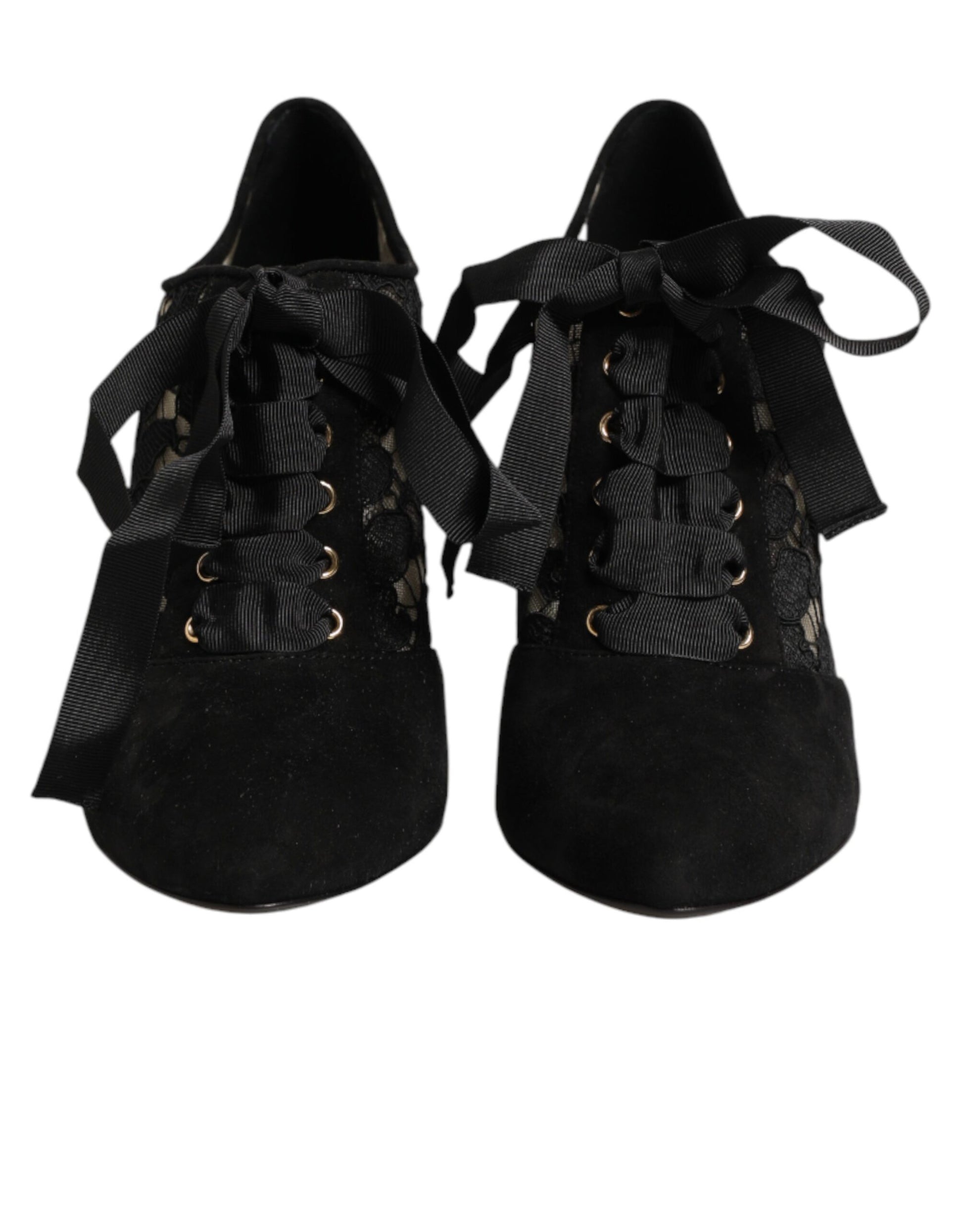 Dolce & Gabbana Black Floral High Heels LACE-UPS Pumps Shoes