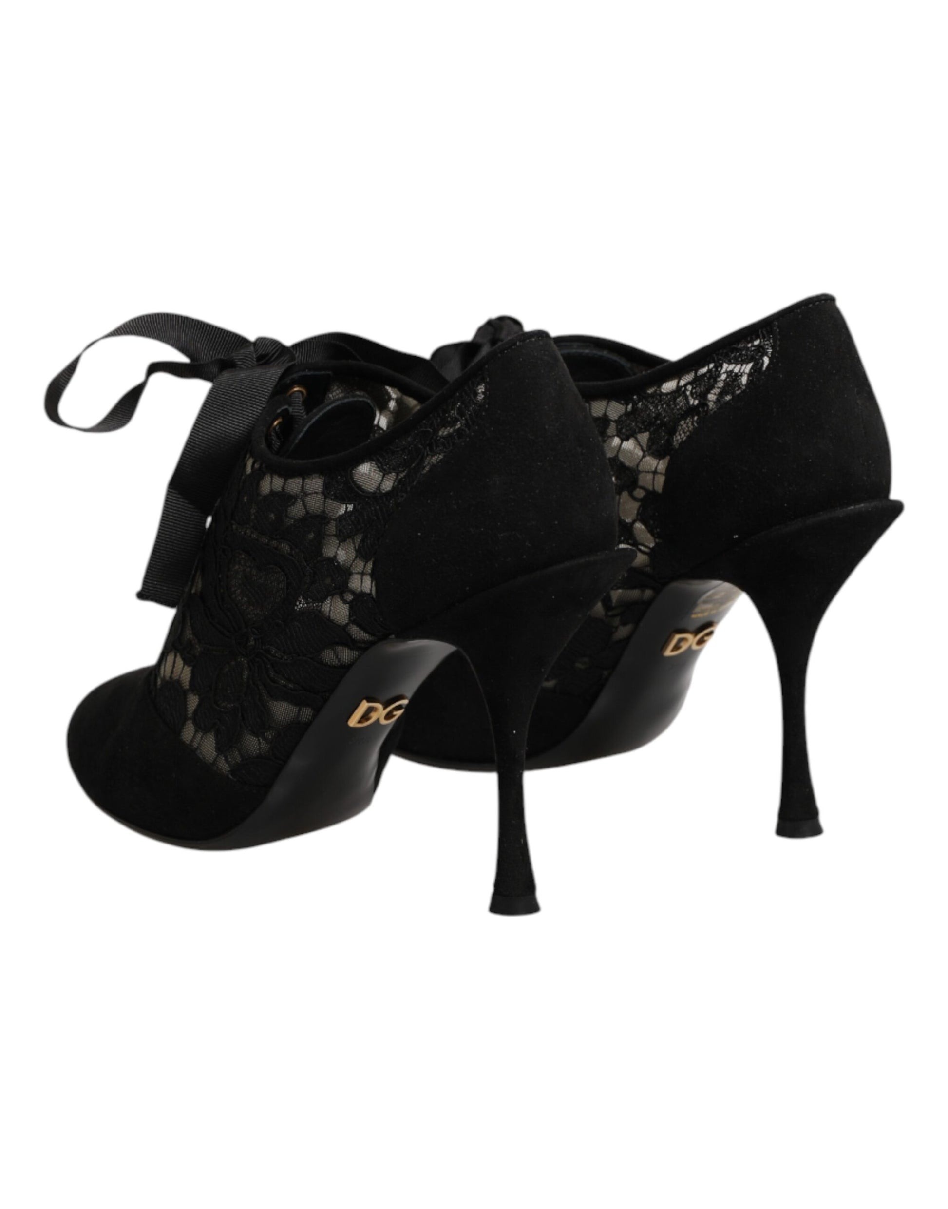 Dolce & Gabbana Black Floral High Heels LACE-UPS Pumps Shoes