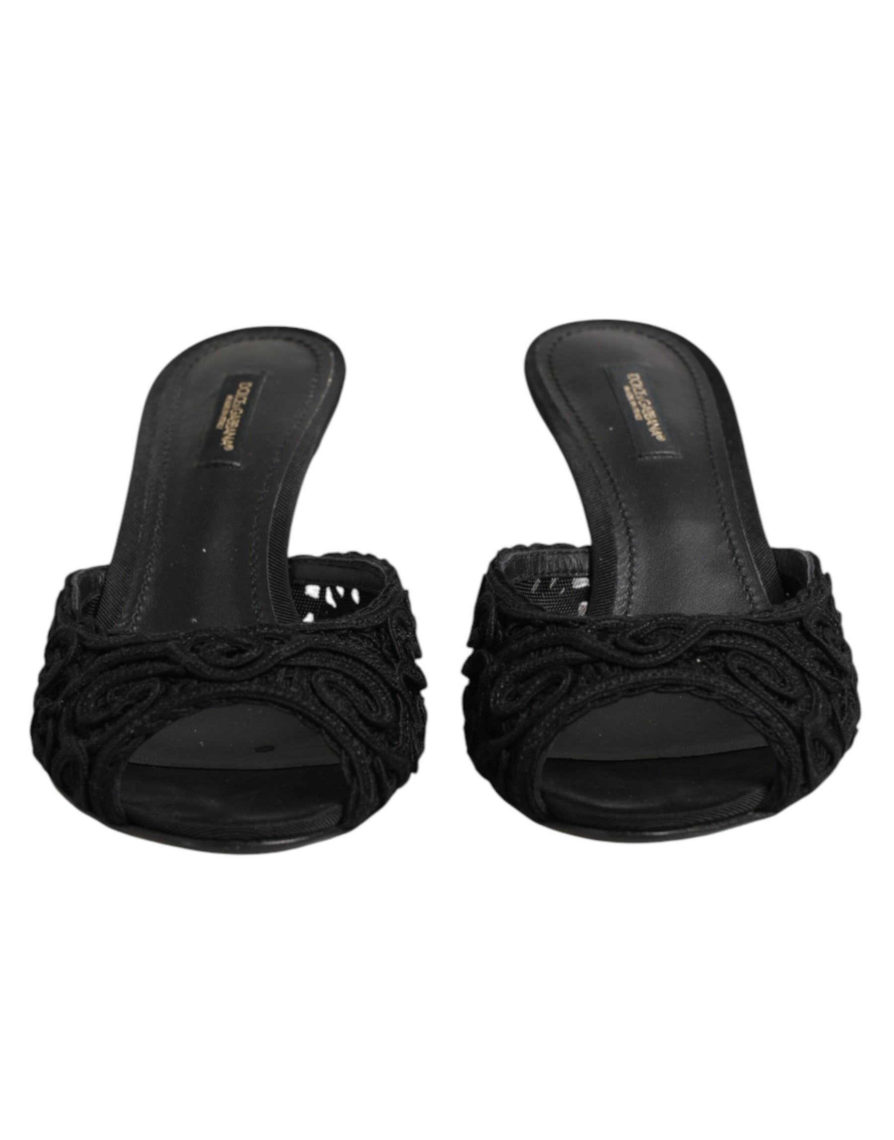 Dolce & Gabbana Black Embroidered Slip On Heels Slides Shoes | Regal Royce