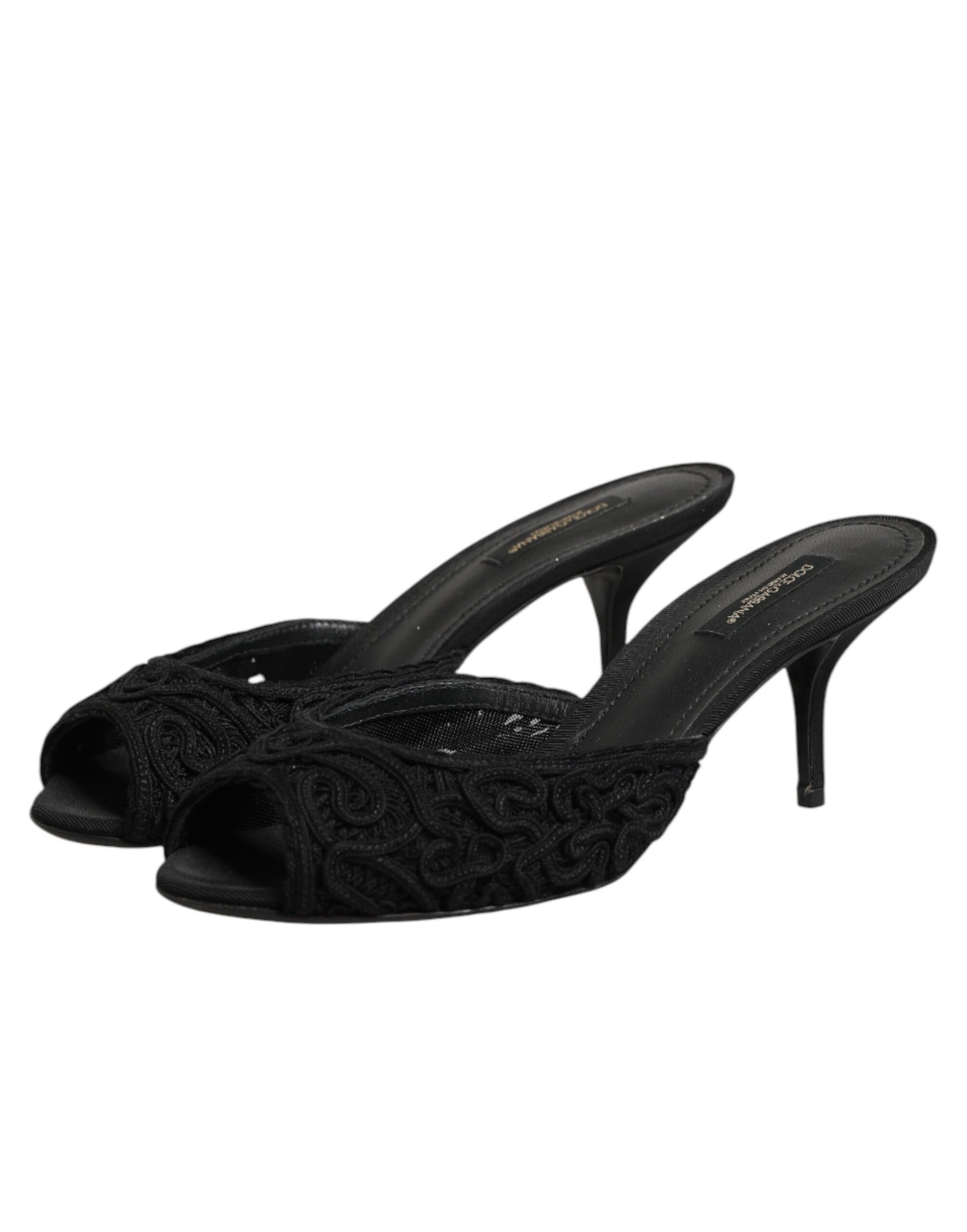 Dolce & Gabbana Black Embroidered Slip On Heels Slides Shoes | Regal Royce