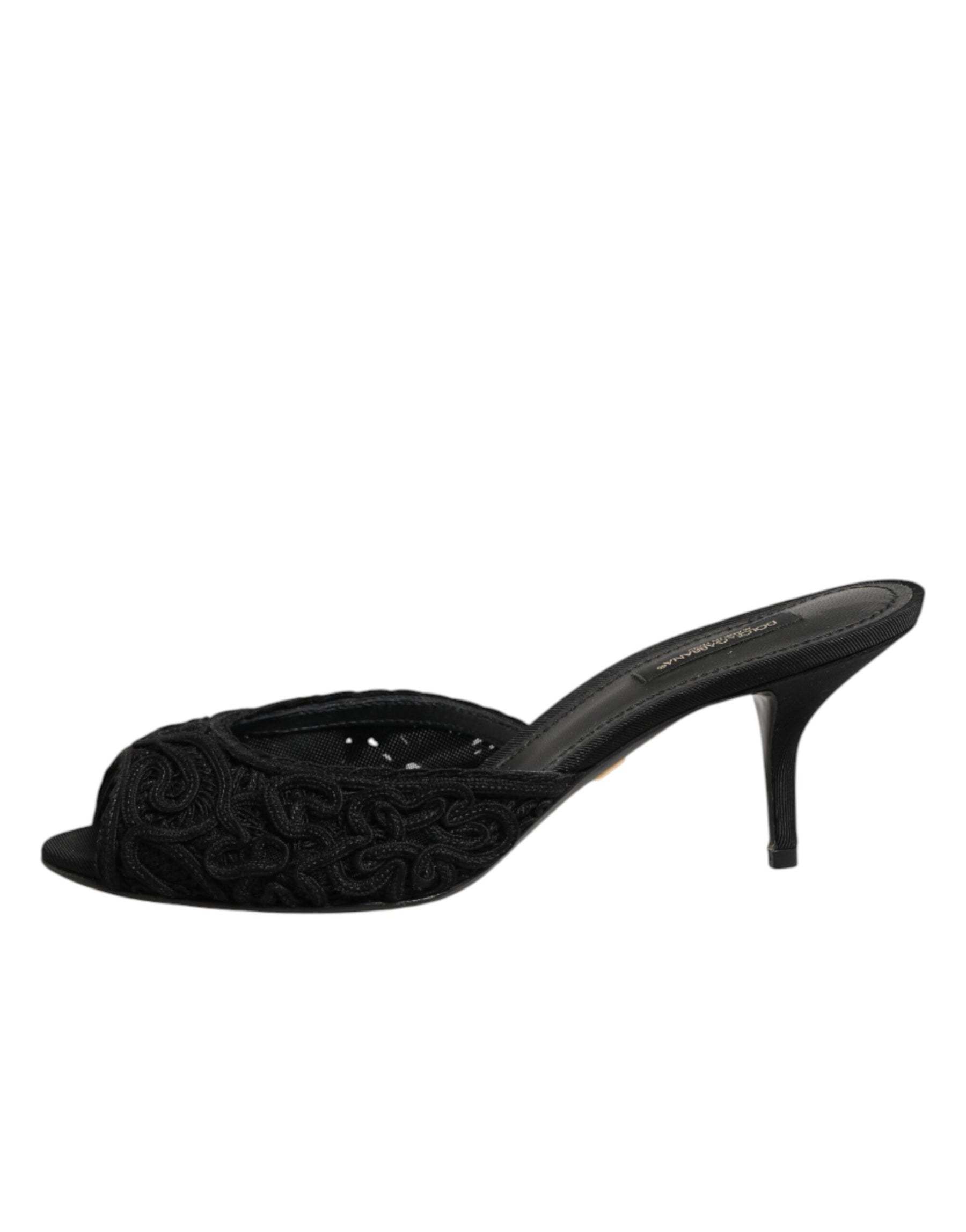 Dolce & Gabbana Black Embroidered Slip On Heels Slides Shoes | Regal Royce