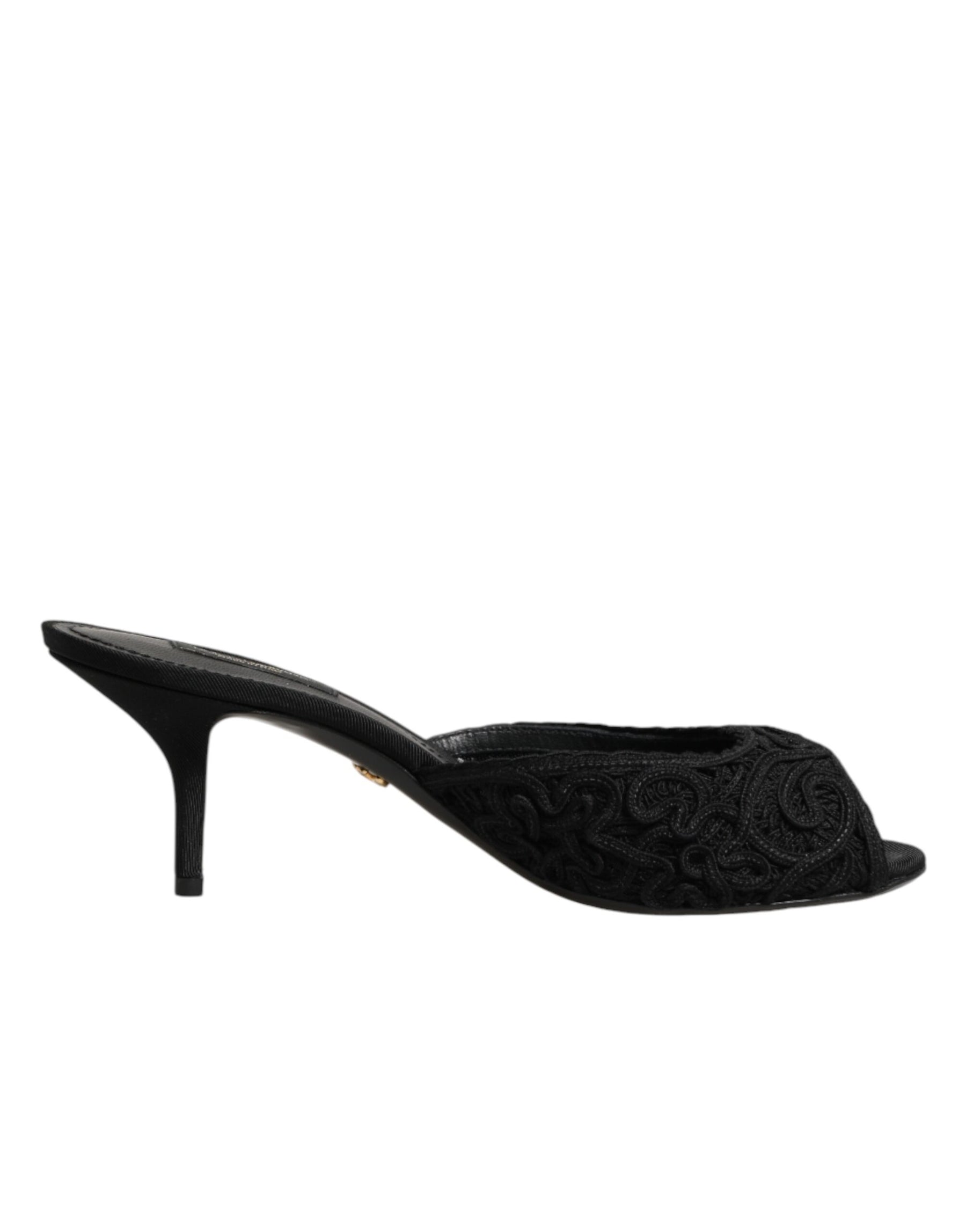 Dolce & Gabbana Black Embroidered Slip On Heels Slides Shoes | Regal Royce