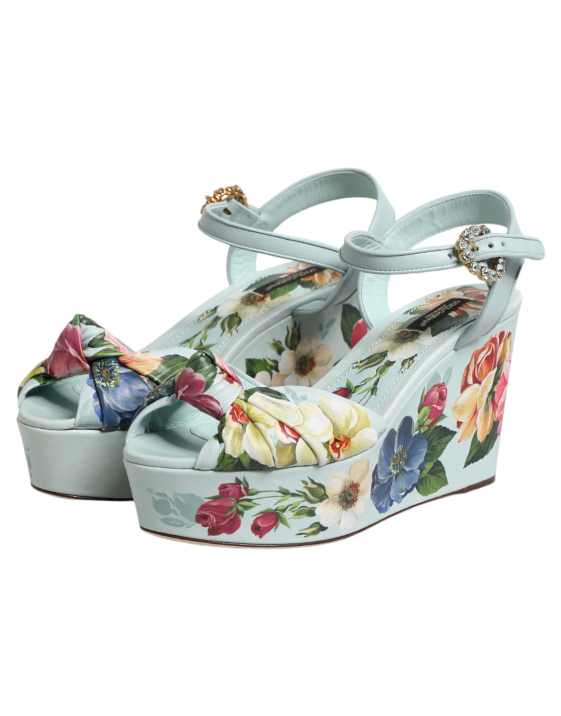 Dolce & Gabbana Green Floral Ankle Strap Wedge Sandals Shoes | Regal Royce