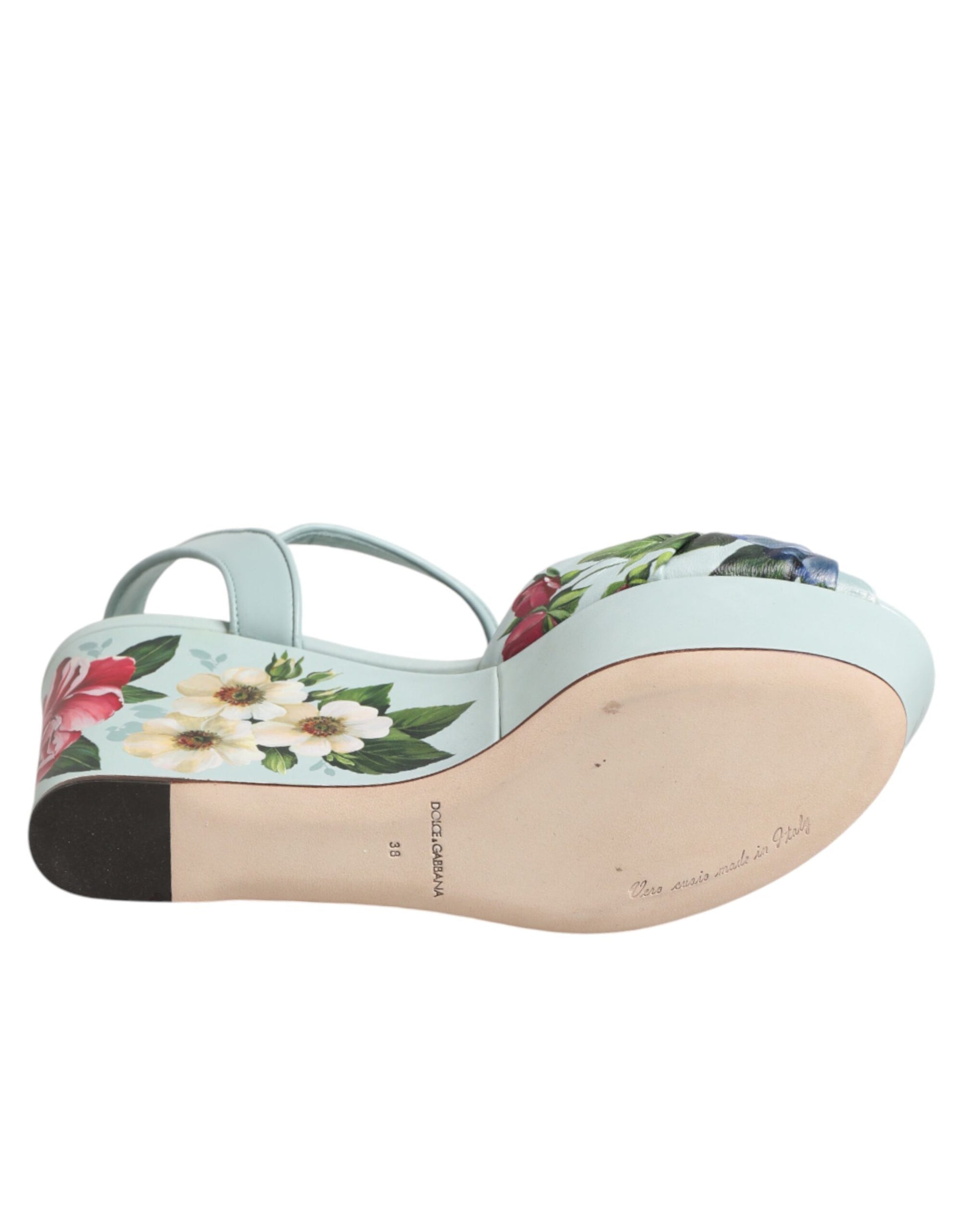 Dolce & Gabbana Green Floral Ankle Strap Wedge Sandals Shoes