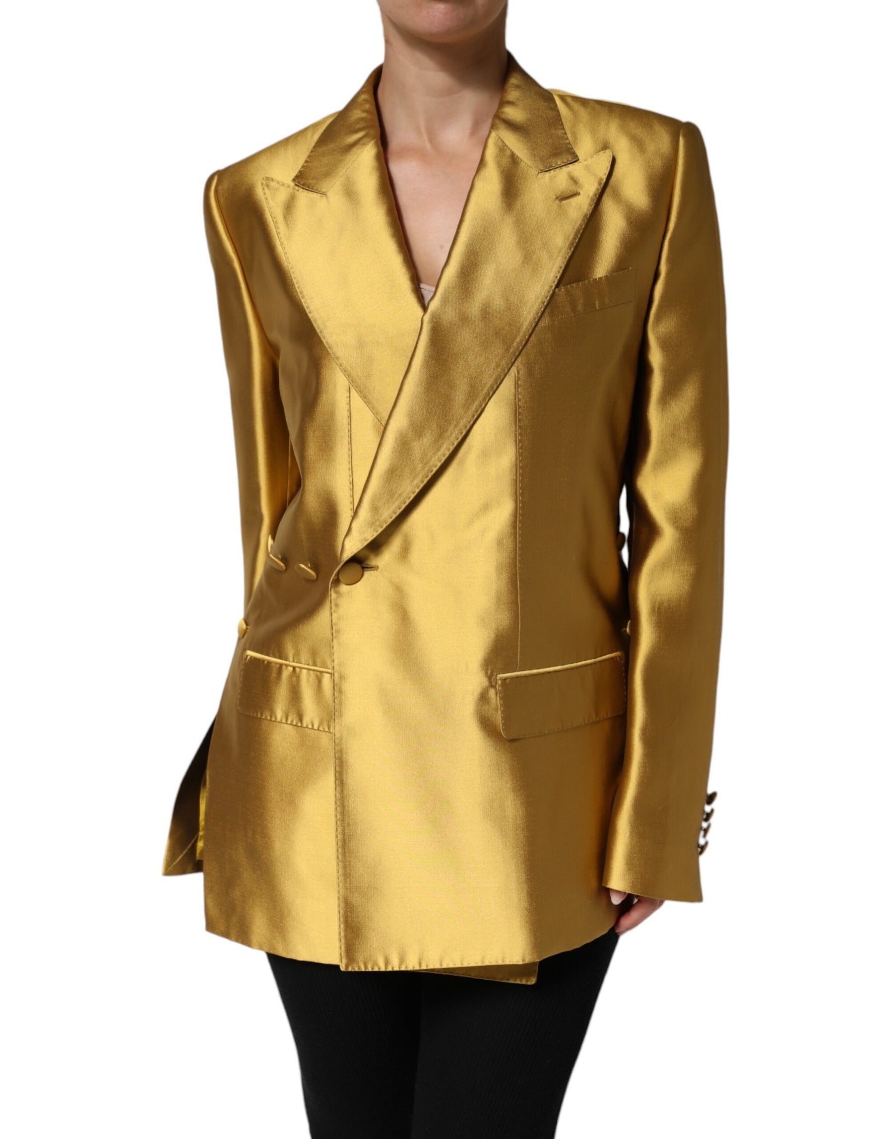 Dolce & Gabbana Gold Satin Long Sleeves Blazer Coat Jacket | Regal Royce