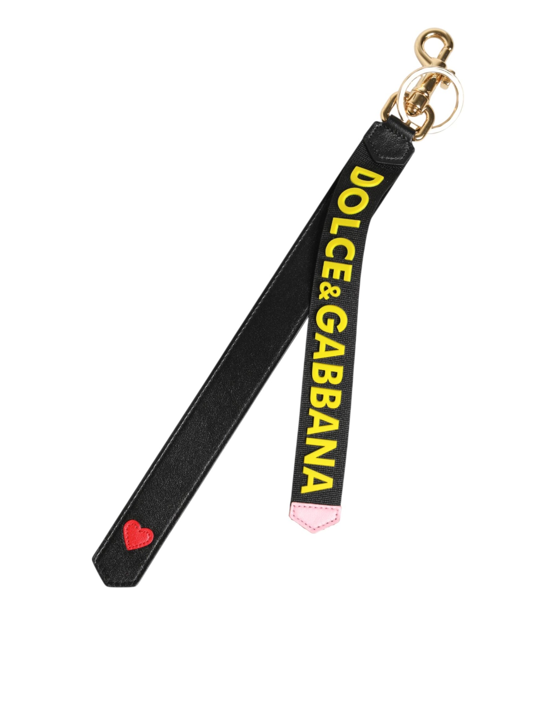 Dolce & Gabbana Black Yellow Logo Letaher Brass Holder Keychain Keyring | Regal Royce