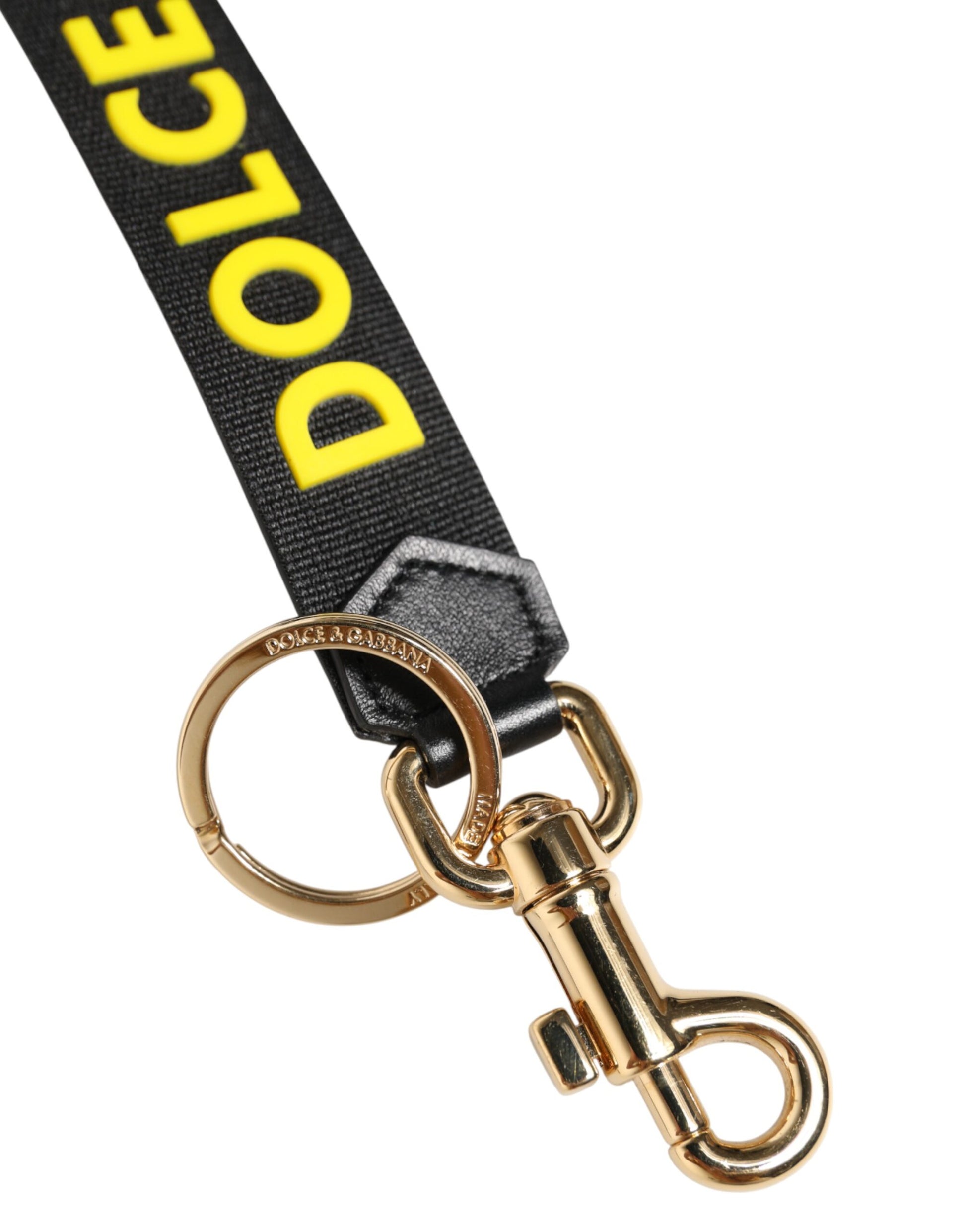 Dolce & Gabbana Black Yellow Logo Letaher Brass Holder Keychain Keyring