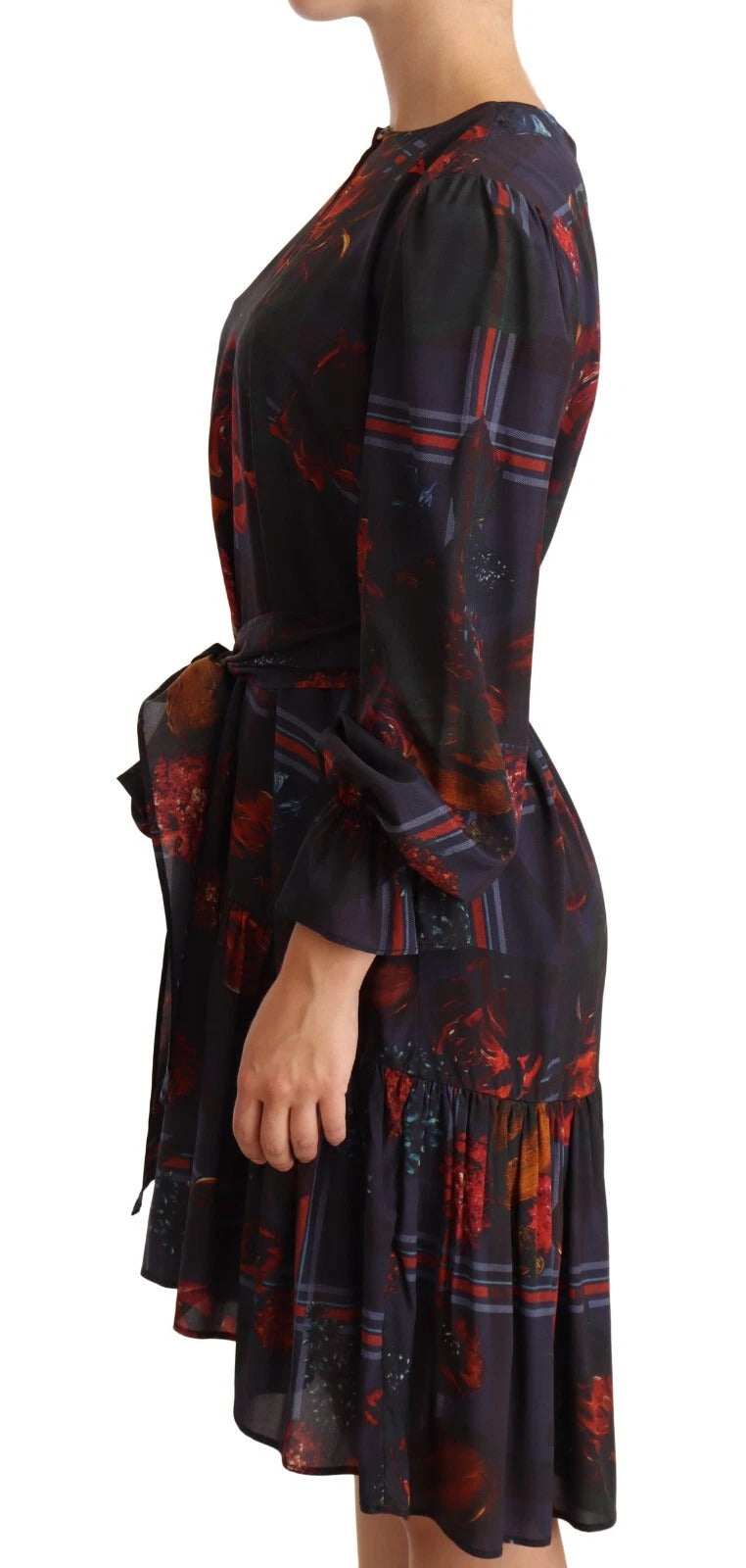Ballantyne A-line Navy Blue Floral Silk Long Sleeve Knee Length Dress | Regal Royce