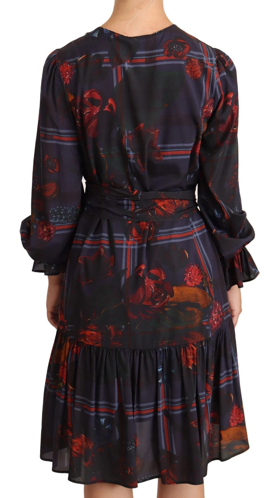 Ballantyne A-line Navy Blue Floral Silk Long Sleeve Knee Length Dress | Regal Royce