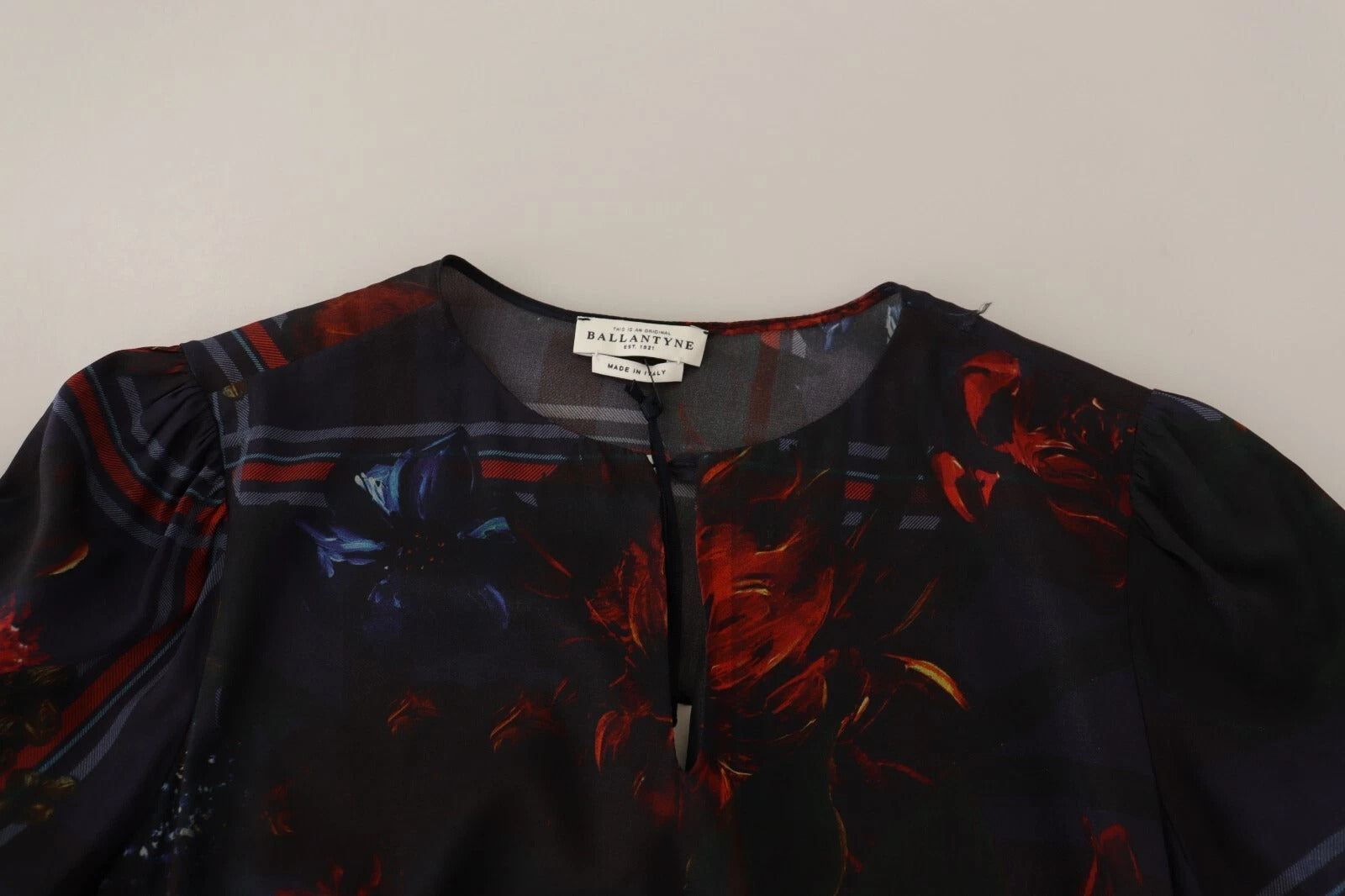 Ballantyne A-line Navy Blue Floral Silk Long Sleeve Knee Length Dress | Regal Royce