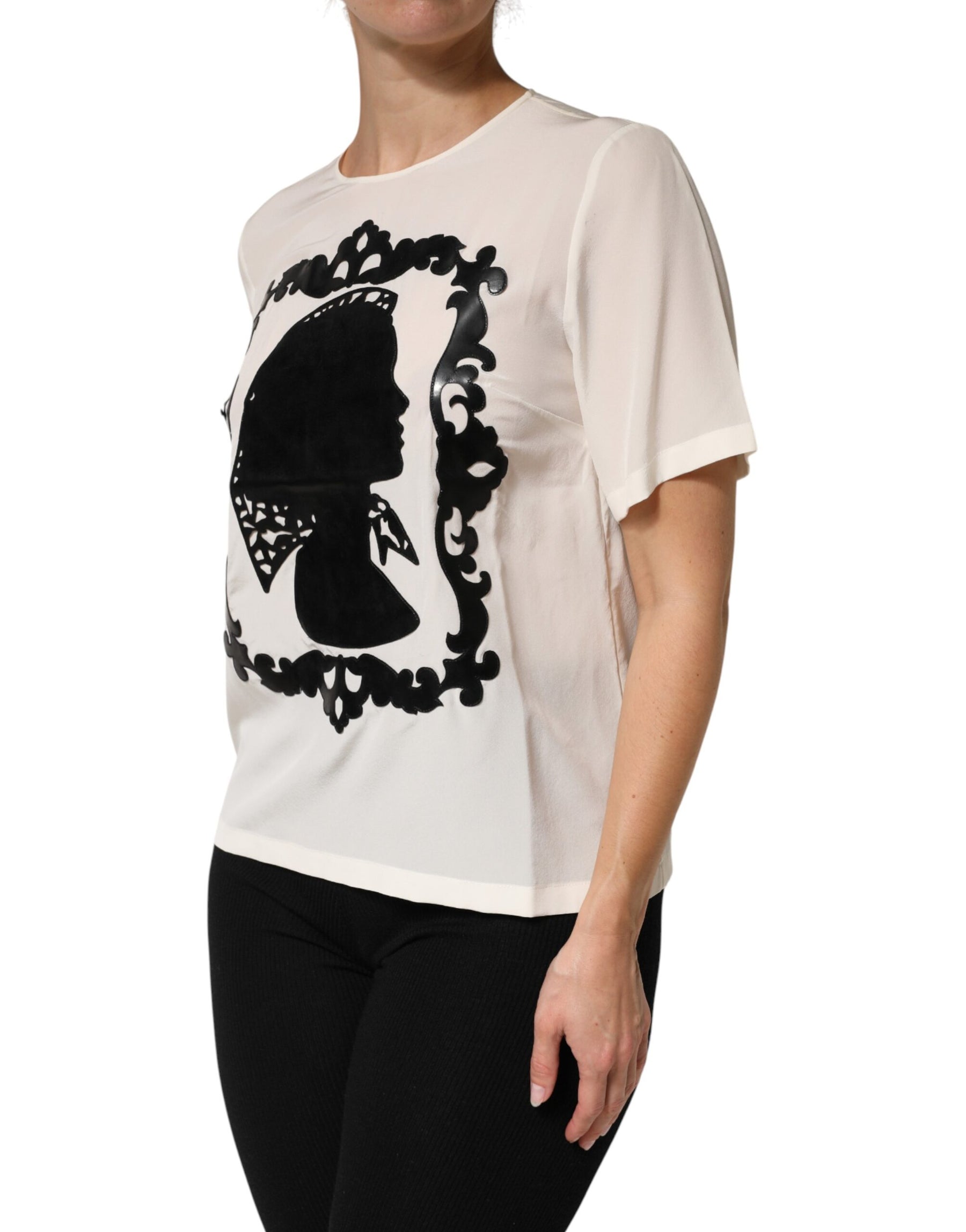 Dolce & Gabbana Cream Silk Silhouette Detail Short Sleeve Top | Regal Royce