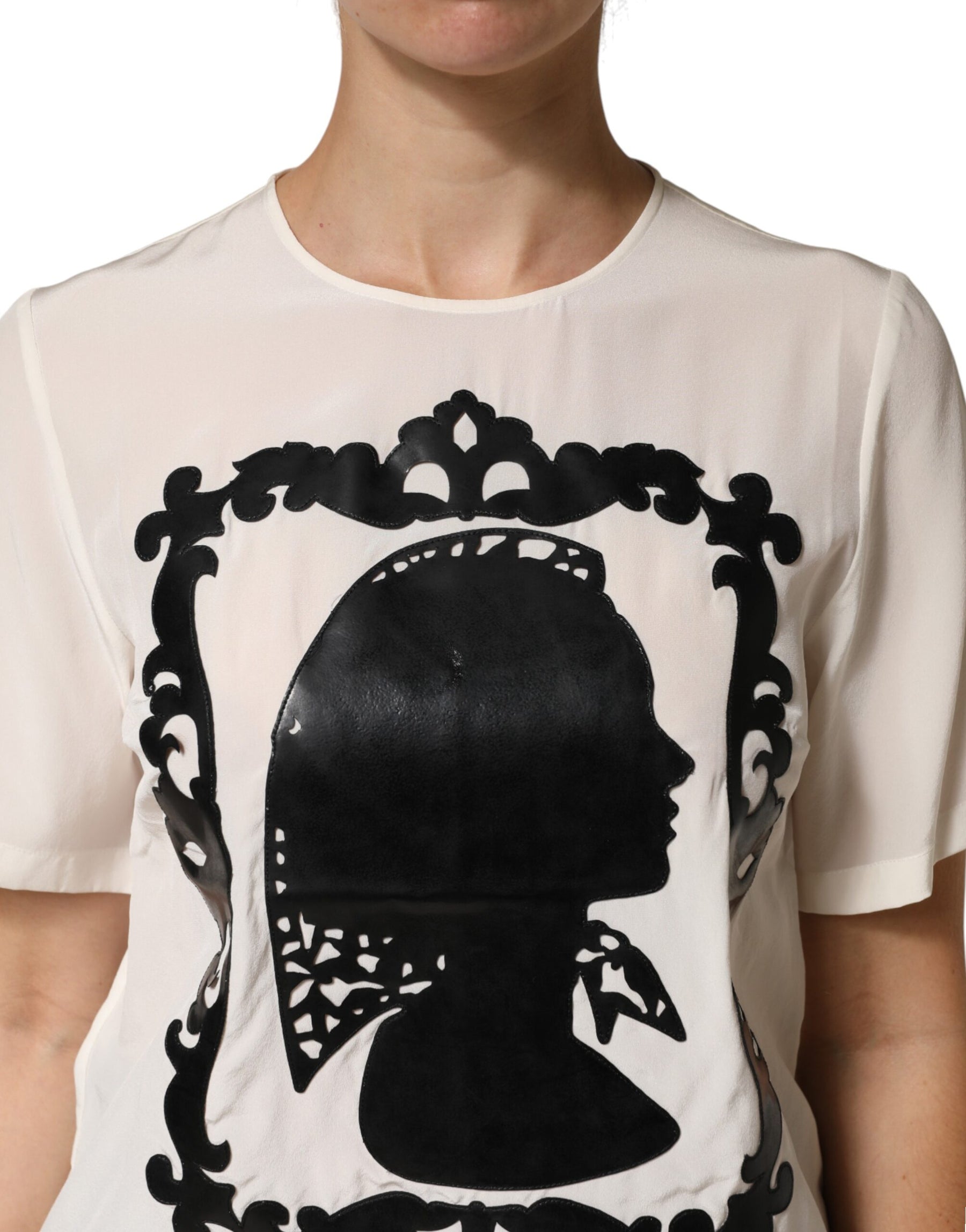 Dolce & Gabbana Cream Silk Silhouette Detail Short Sleeve Top | Regal Royce