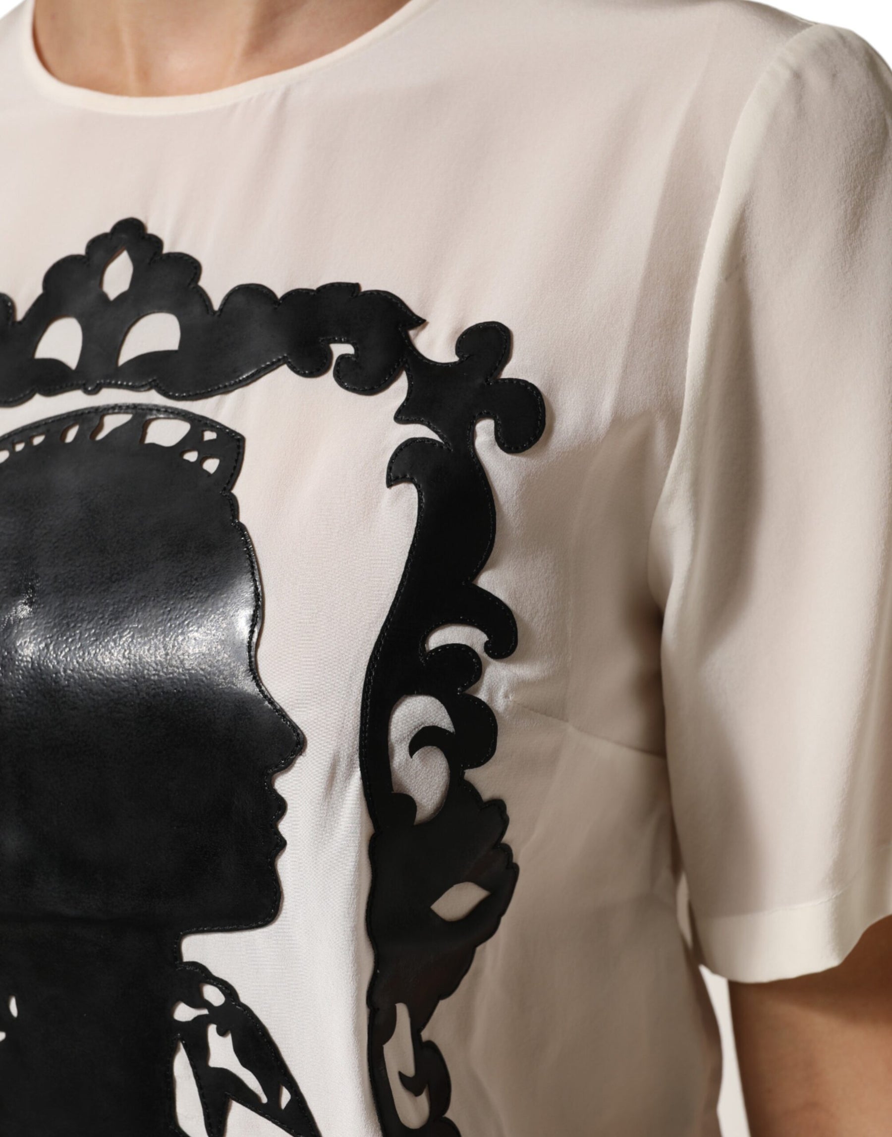 Dolce & Gabbana Cream Silk Silhouette Detail Short Sleeve Top | Regal Royce