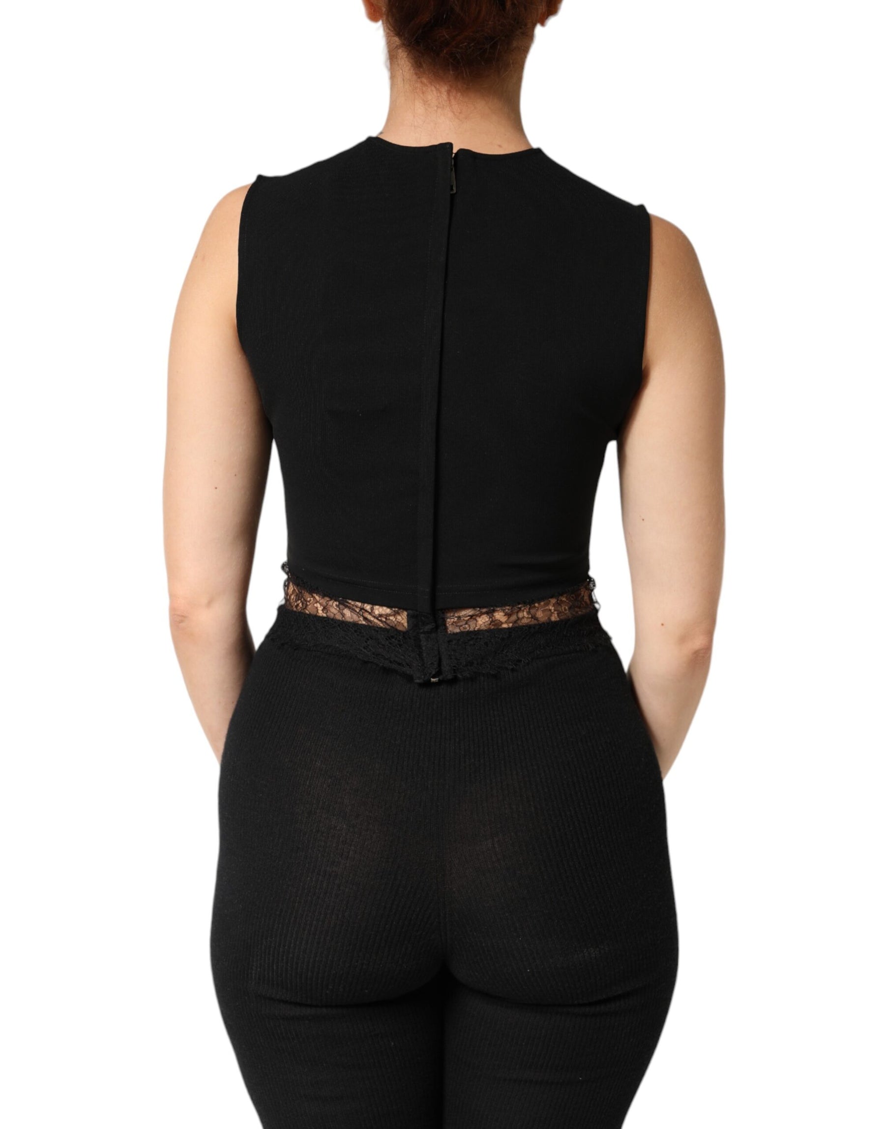 Dolce & Gabbana Black Jersey Lace Ruching Rhinestone Tank Top | Regal Royce