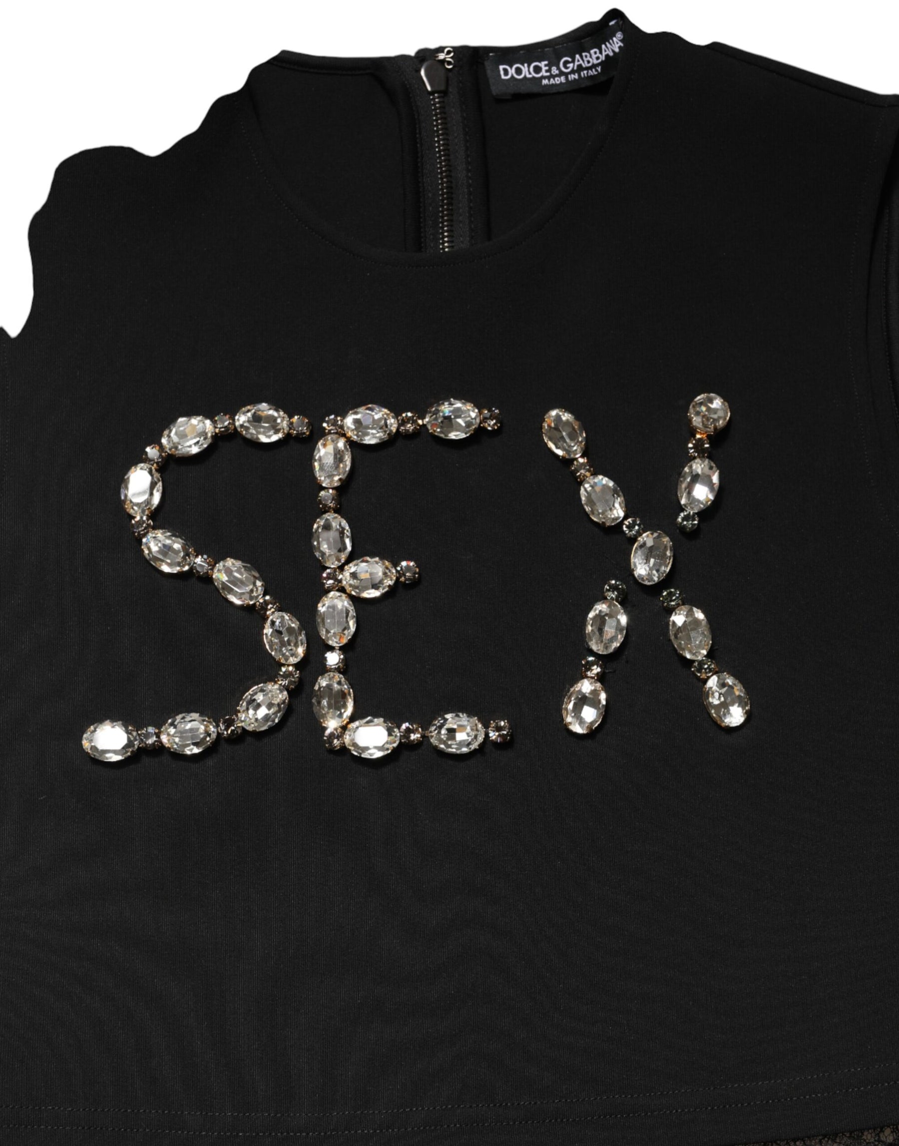 Dolce & Gabbana Black Jersey Lace Ruching Rhinestone Tank Top | Regal Royce