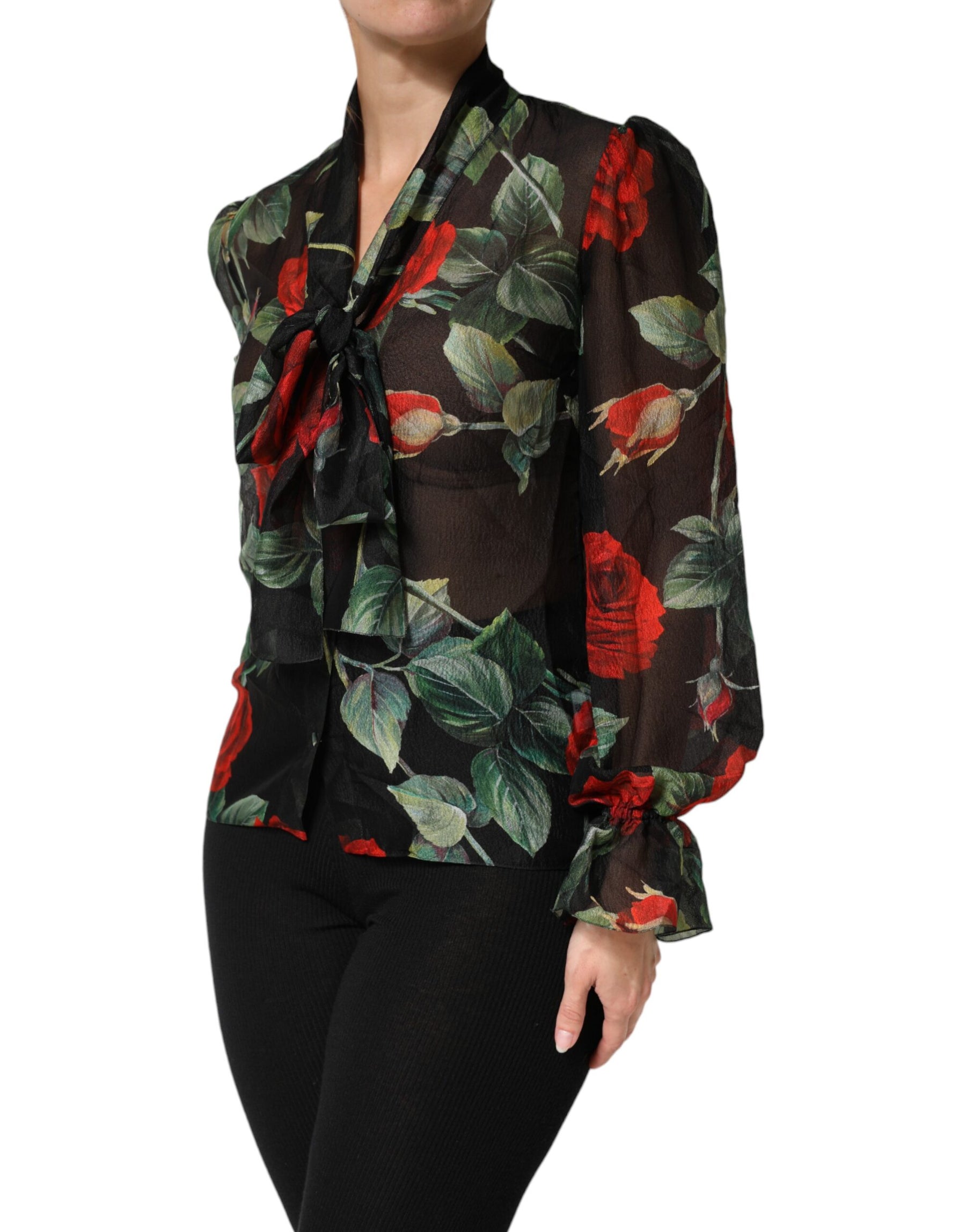 Dolce & Gabbana Black Floral Long Sleeves Silk Blouse Top | Regal Royce