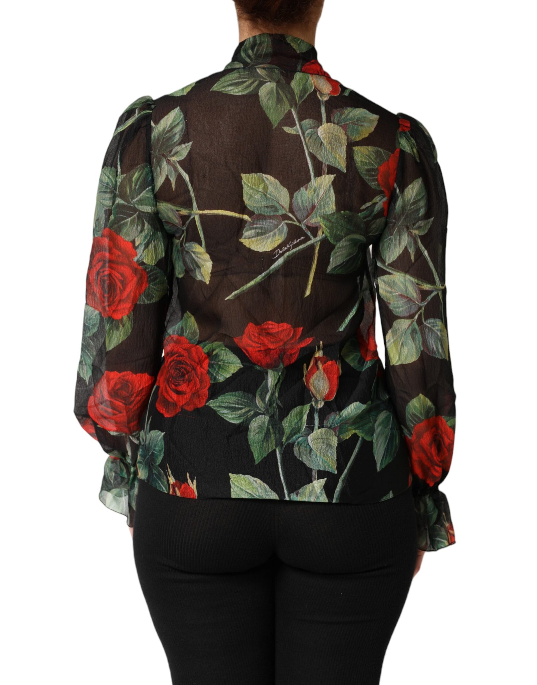 Dolce & Gabbana Black Floral Long Sleeves Silk Blouse Top | Regal Royce