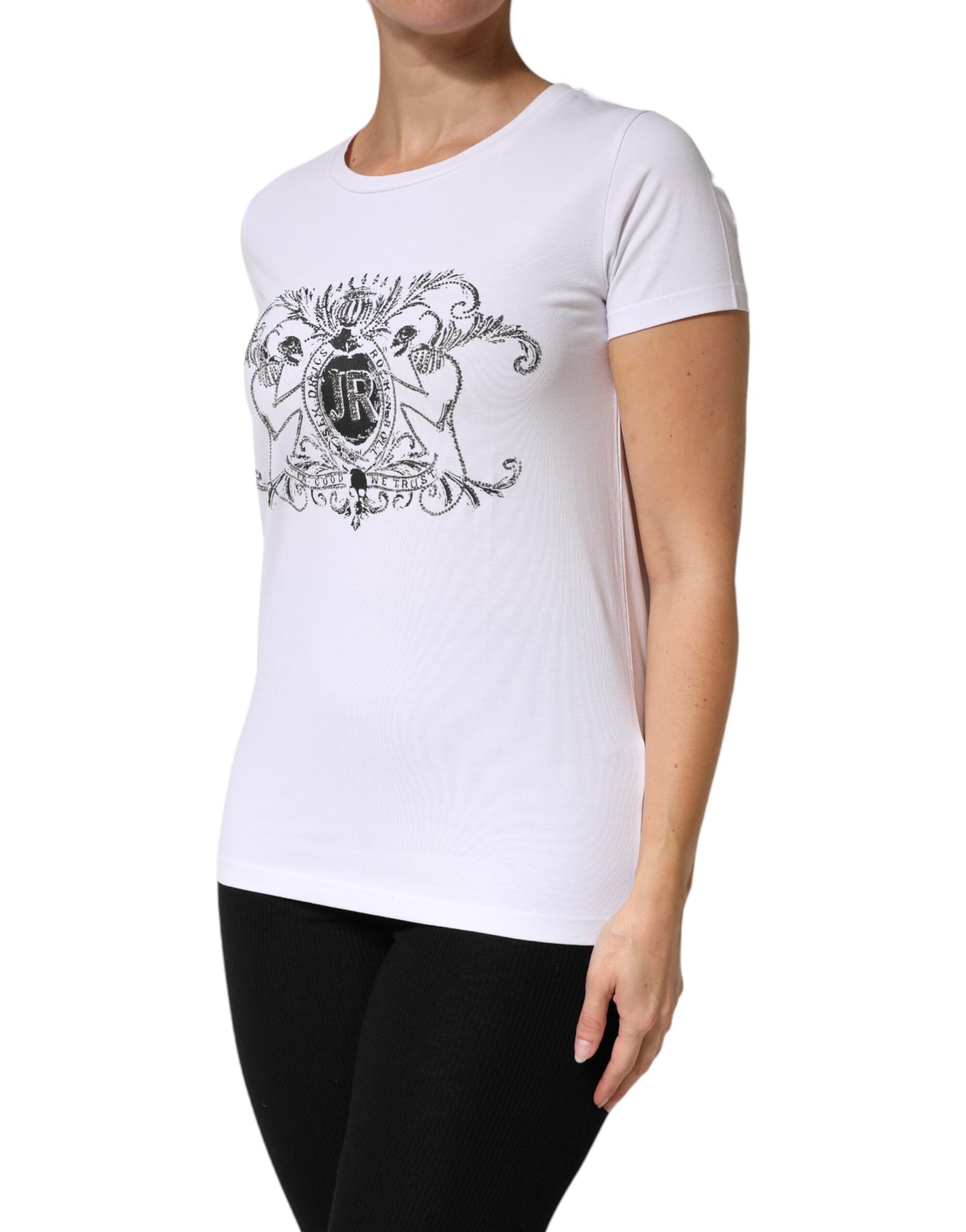 John Richmond White Printed Cotton Stretch Crew Neck T-shirt | Regal Royce