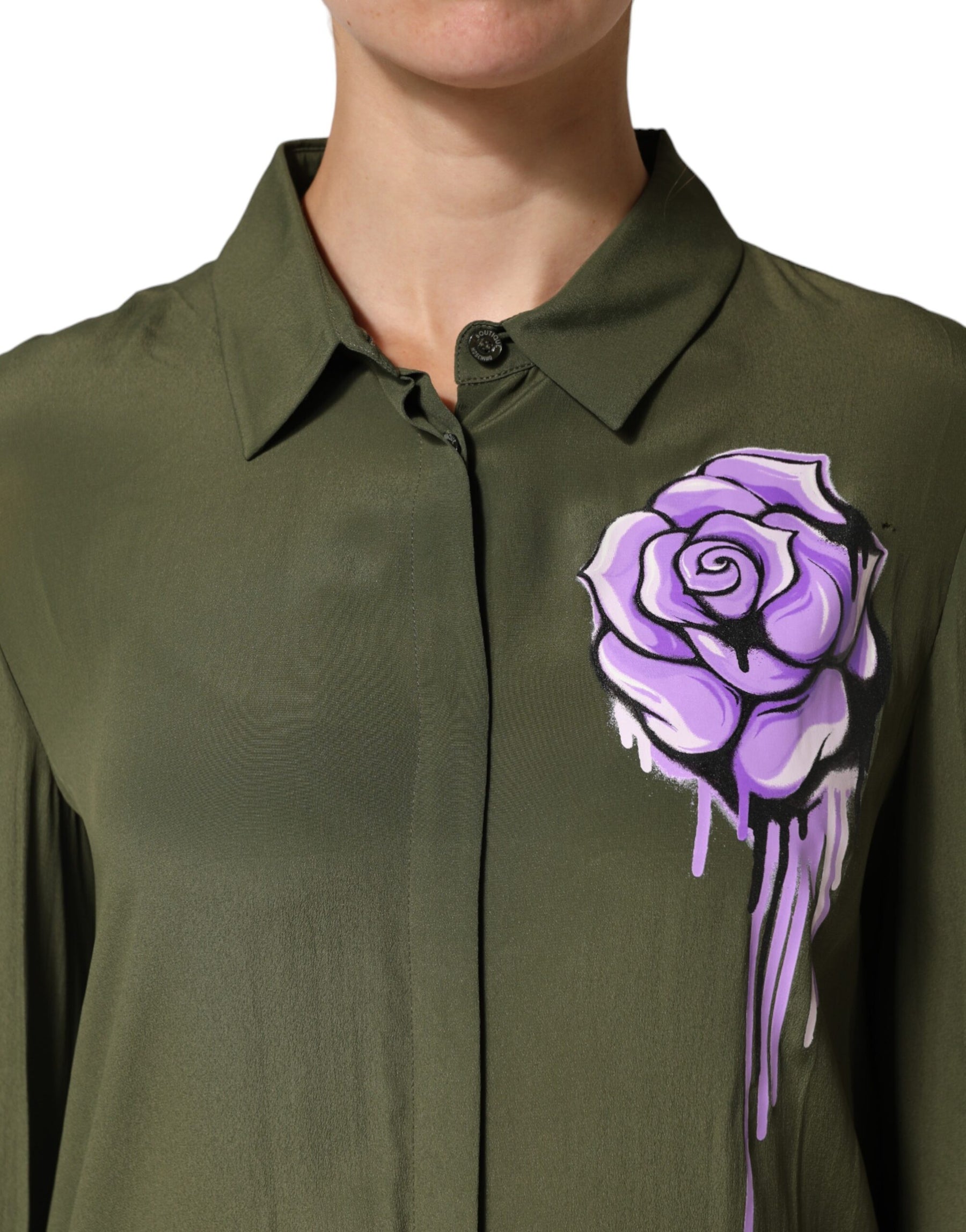 Boutique Moschino Top Green Acetate Collared Long Sleeves Floral Top | Regal Royce