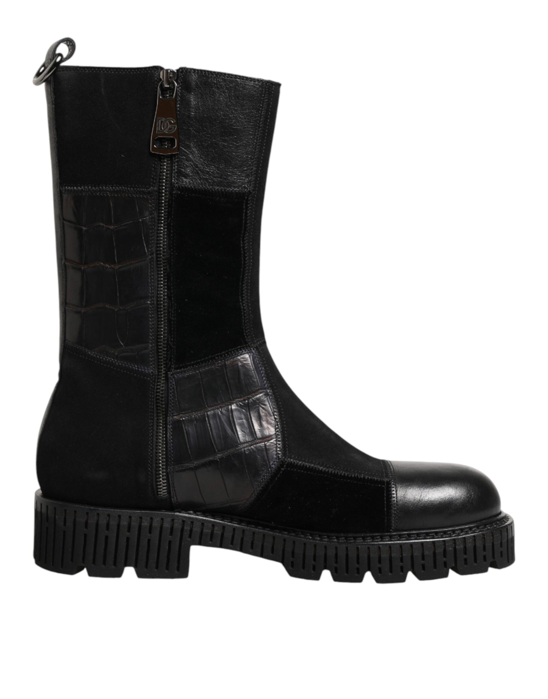 Dolce & Gabbana Black Patchwork Leather Mid Calf Boot  Shoes | Regal Royce