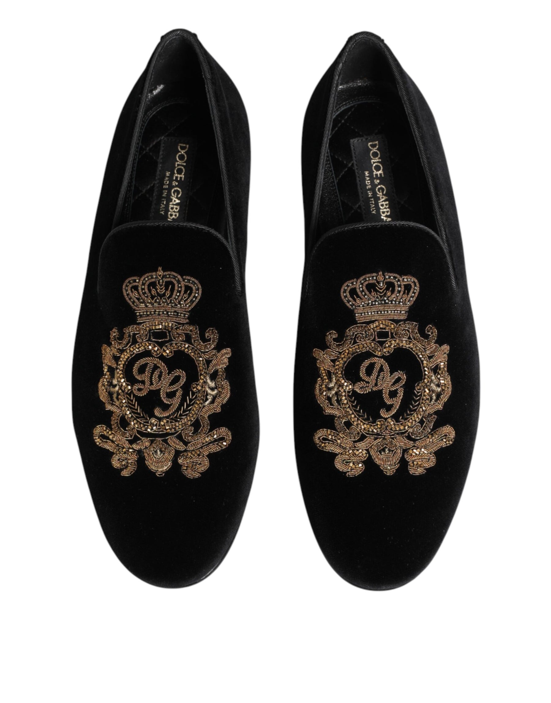 Dolce & Gabbana Black Velvet Gold Crown Mens Loafers Shoes | Regal Royce