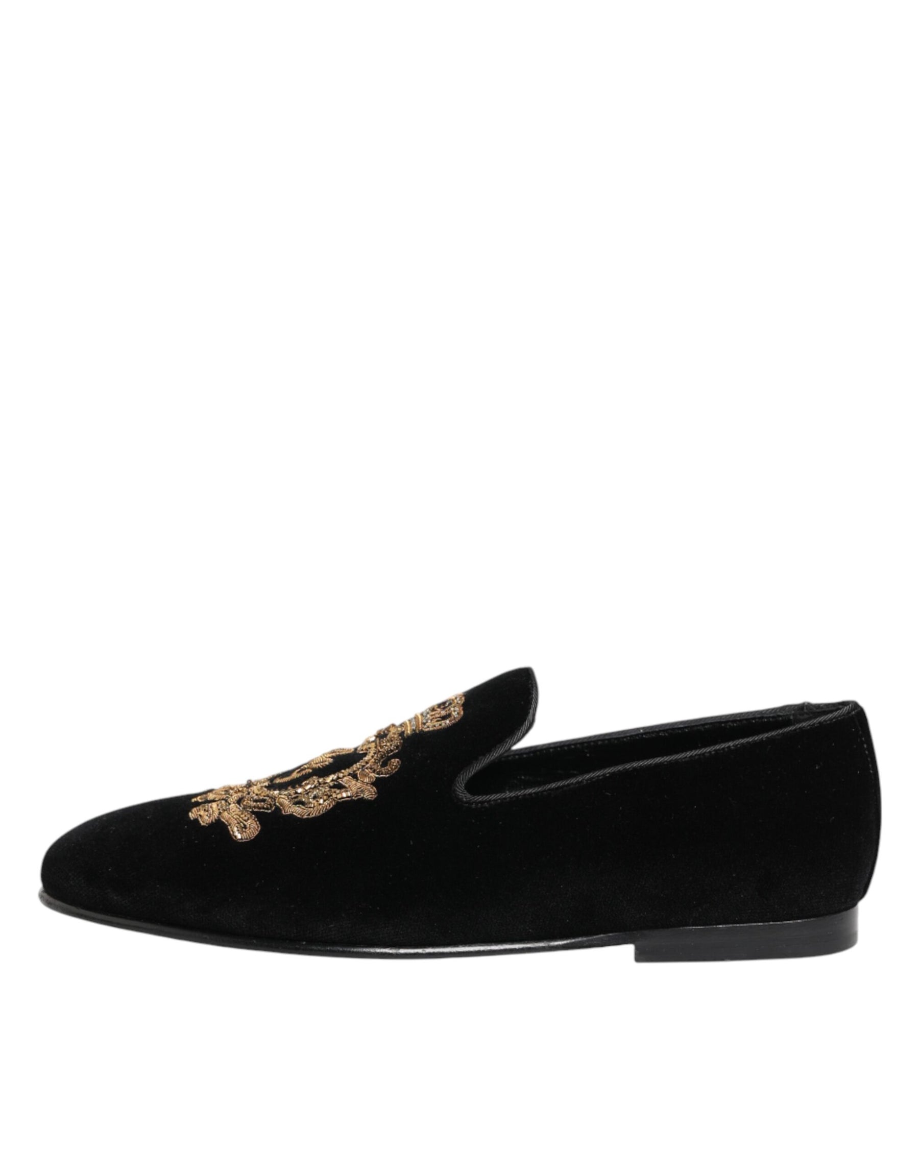 Dolce & Gabbana Black Velvet Gold Crown Mens Loafers Shoes | Regal Royce