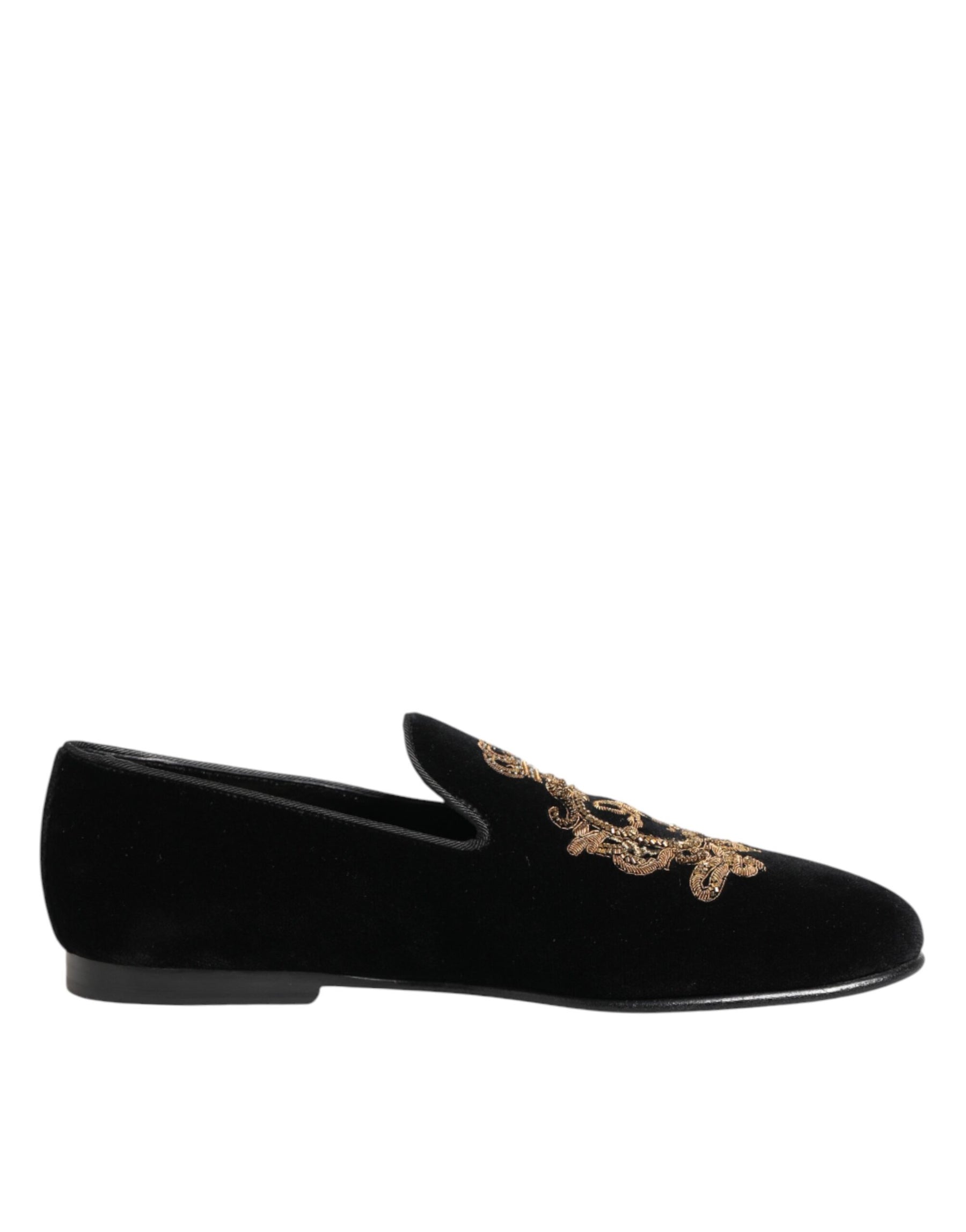 Dolce & Gabbana Black Velvet Gold Crown Mens Loafers Shoes | Regal Royce