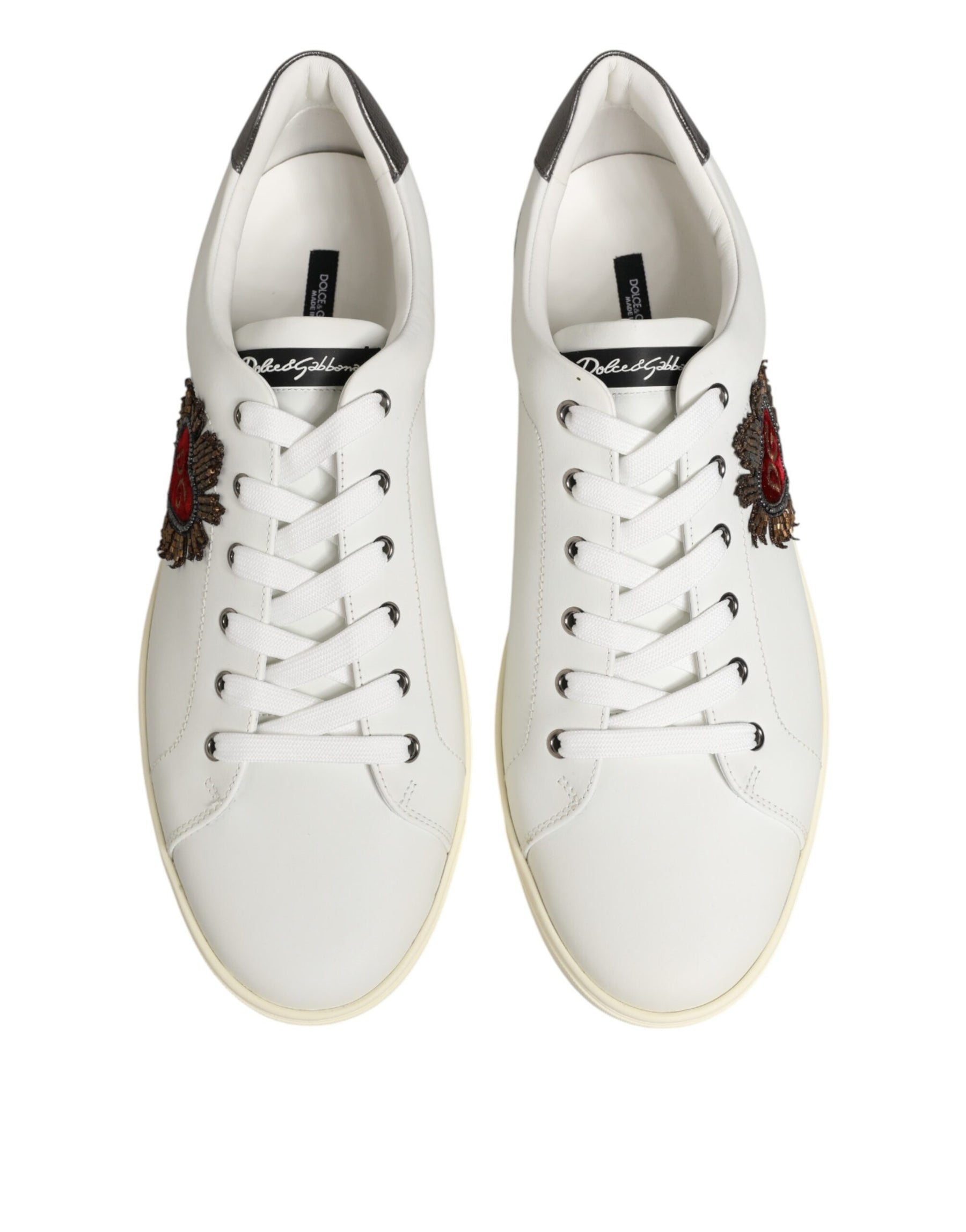 Dolce & Gabbana White Leather Heart Embellished Sneakers Shoes | Regal Royce