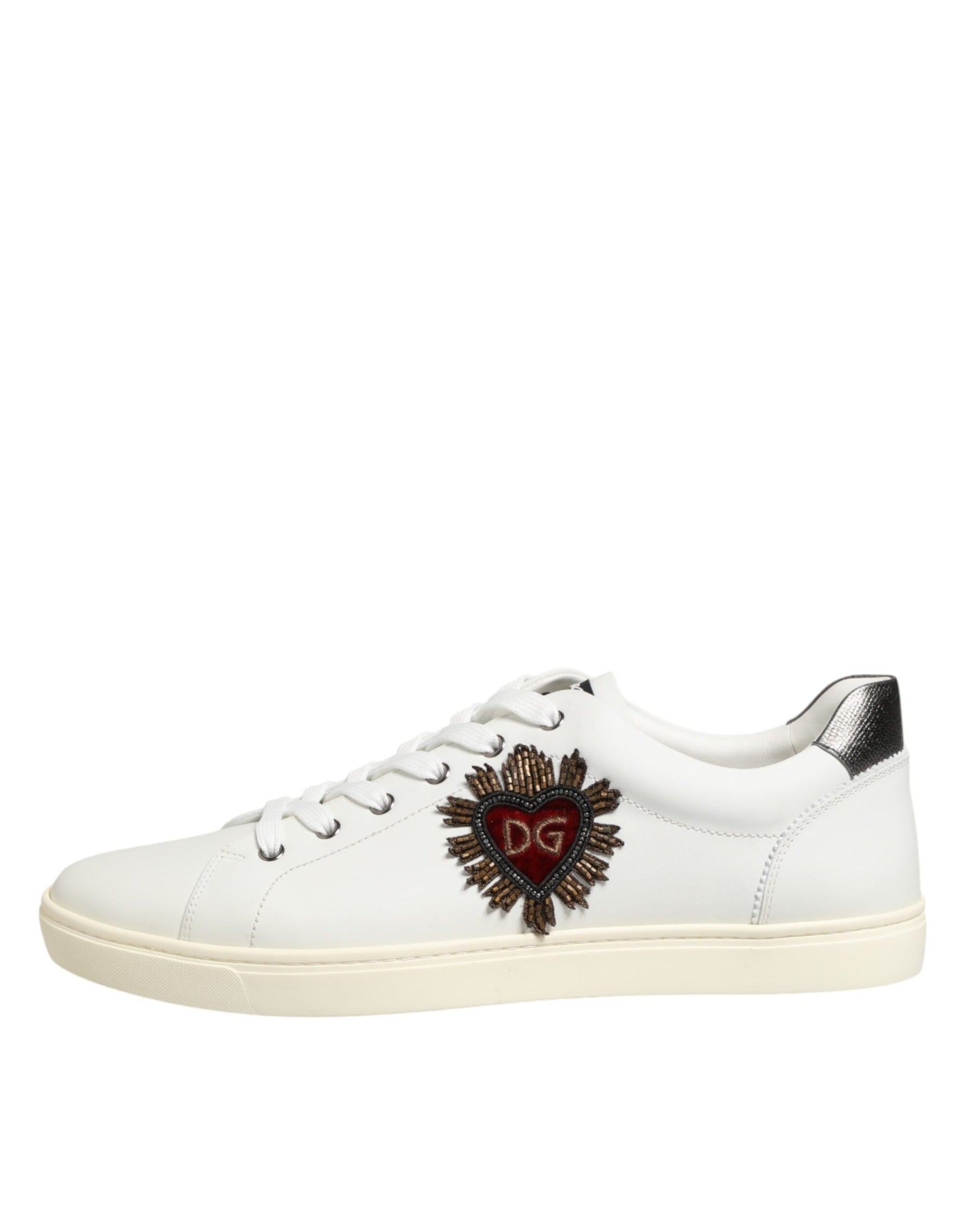 Dolce & Gabbana White Leather Heart Embellished Sneakers Shoes | Regal Royce