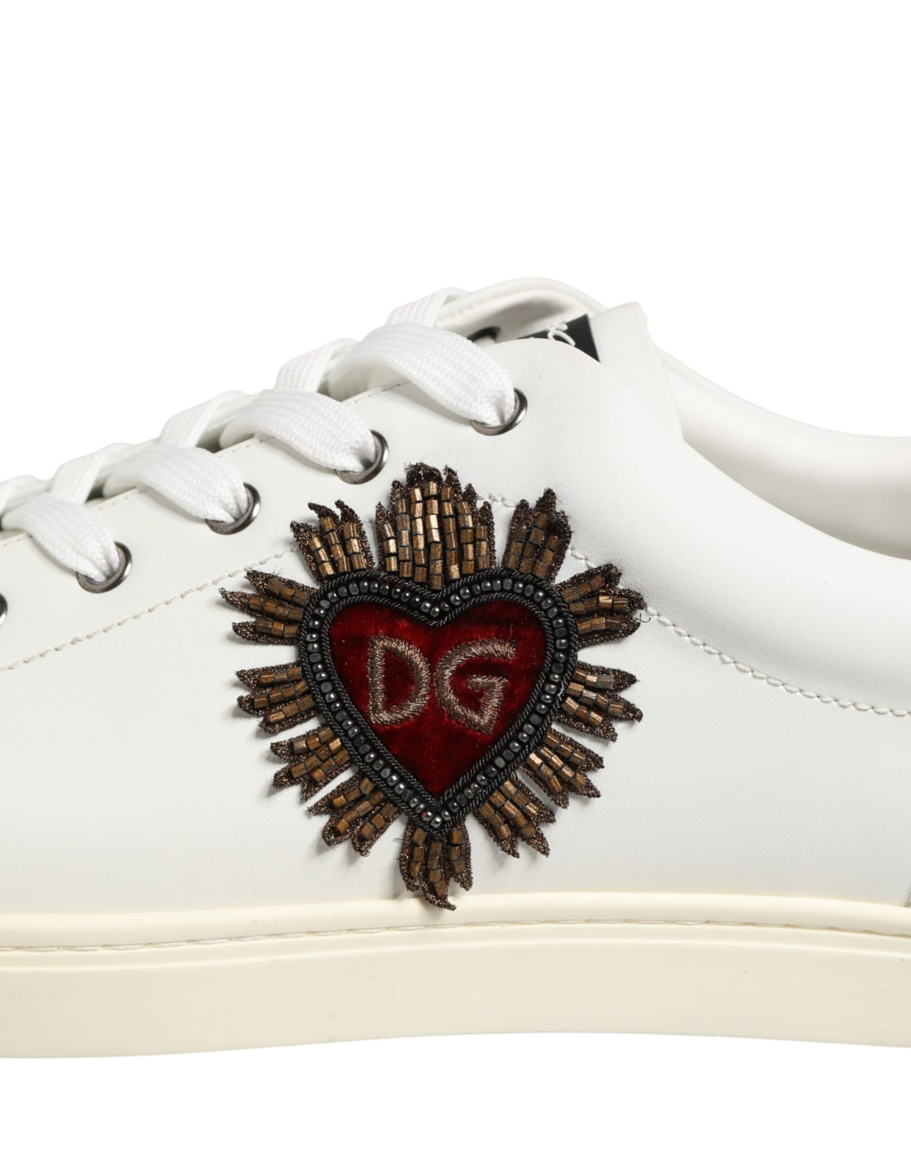Dolce & Gabbana White Leather Heart Embellished Sneakers Shoes | Regal Royce