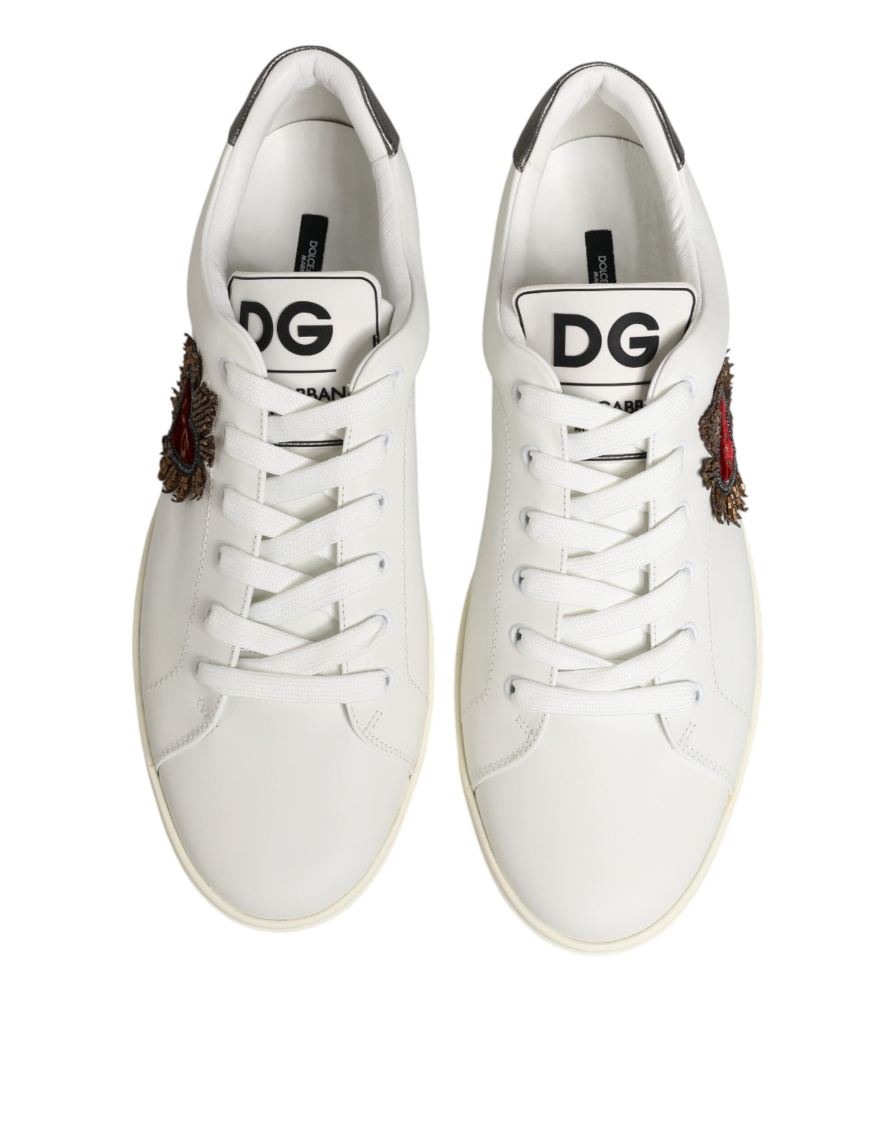 Dolce & Gabbana White Leather Heart Embellished Sneakers Shoes | Regal Royce